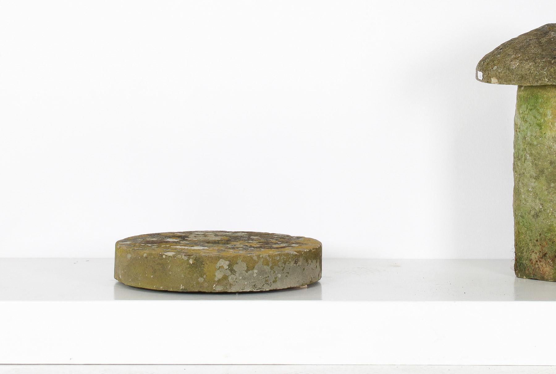 Primitive Antique Yorkstone Mill Wheel or Grinding Stone with Weathered Patina and Lichen