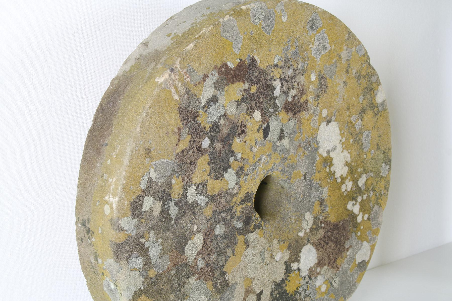 British Antique Yorkstone Mill Wheel or Grinding Stone with Weathered Patina and Lichen