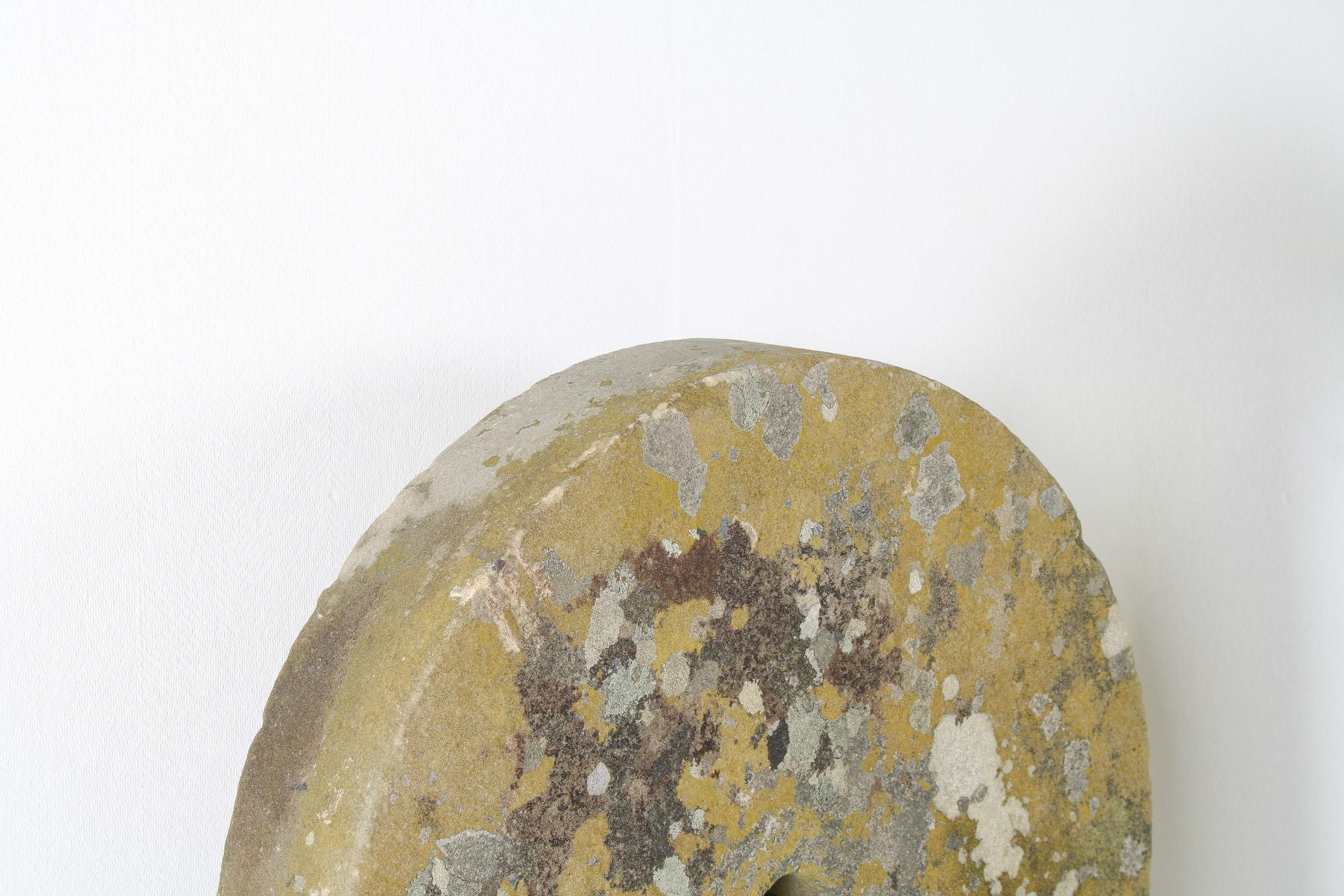 19th Century Antique Yorkstone Mill Wheel or Grinding Stone with Weathered Patina and Lichen