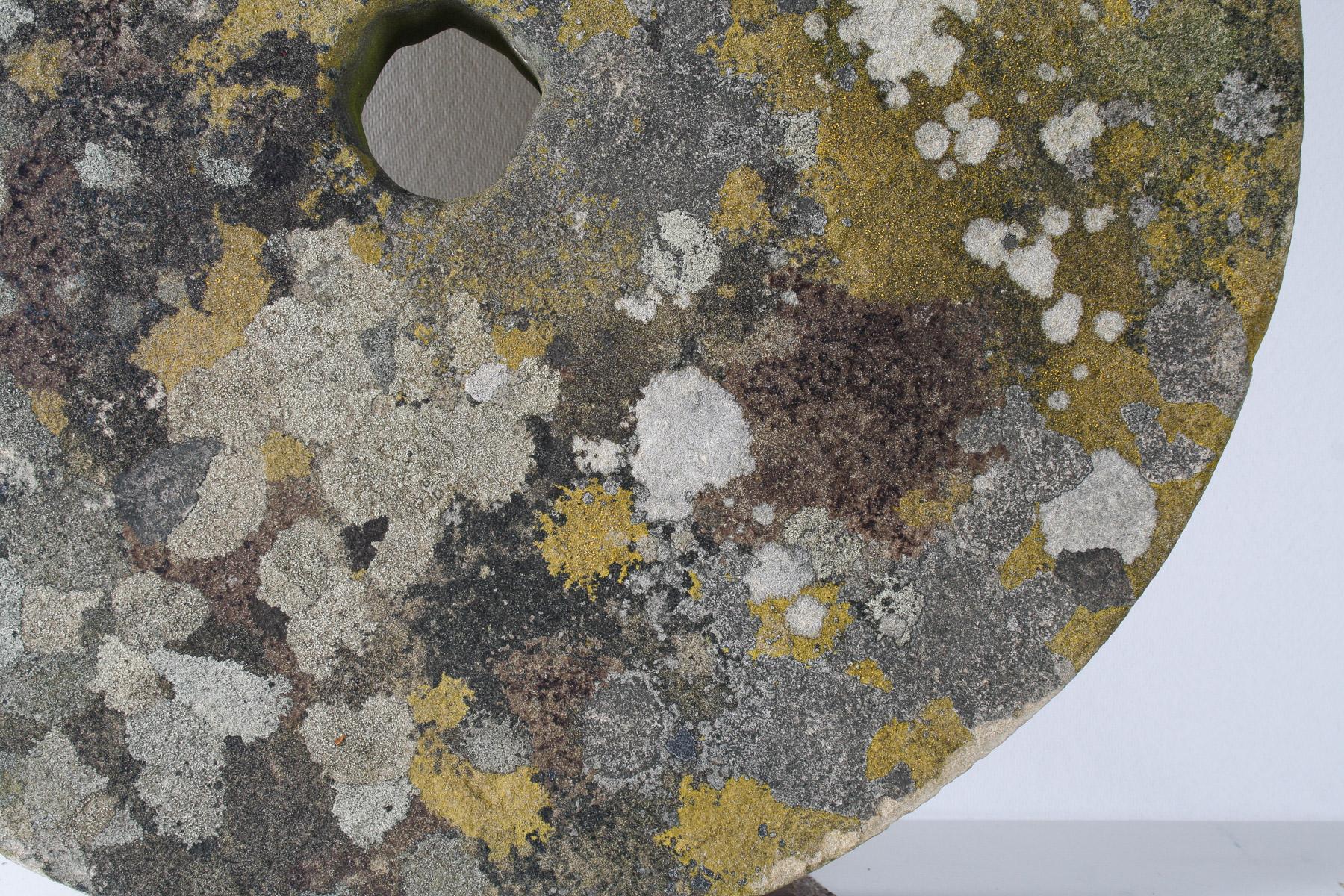 Antique Yorkstone Mill Wheel or Grinding Stone with Weathered Patina and Lichen 1