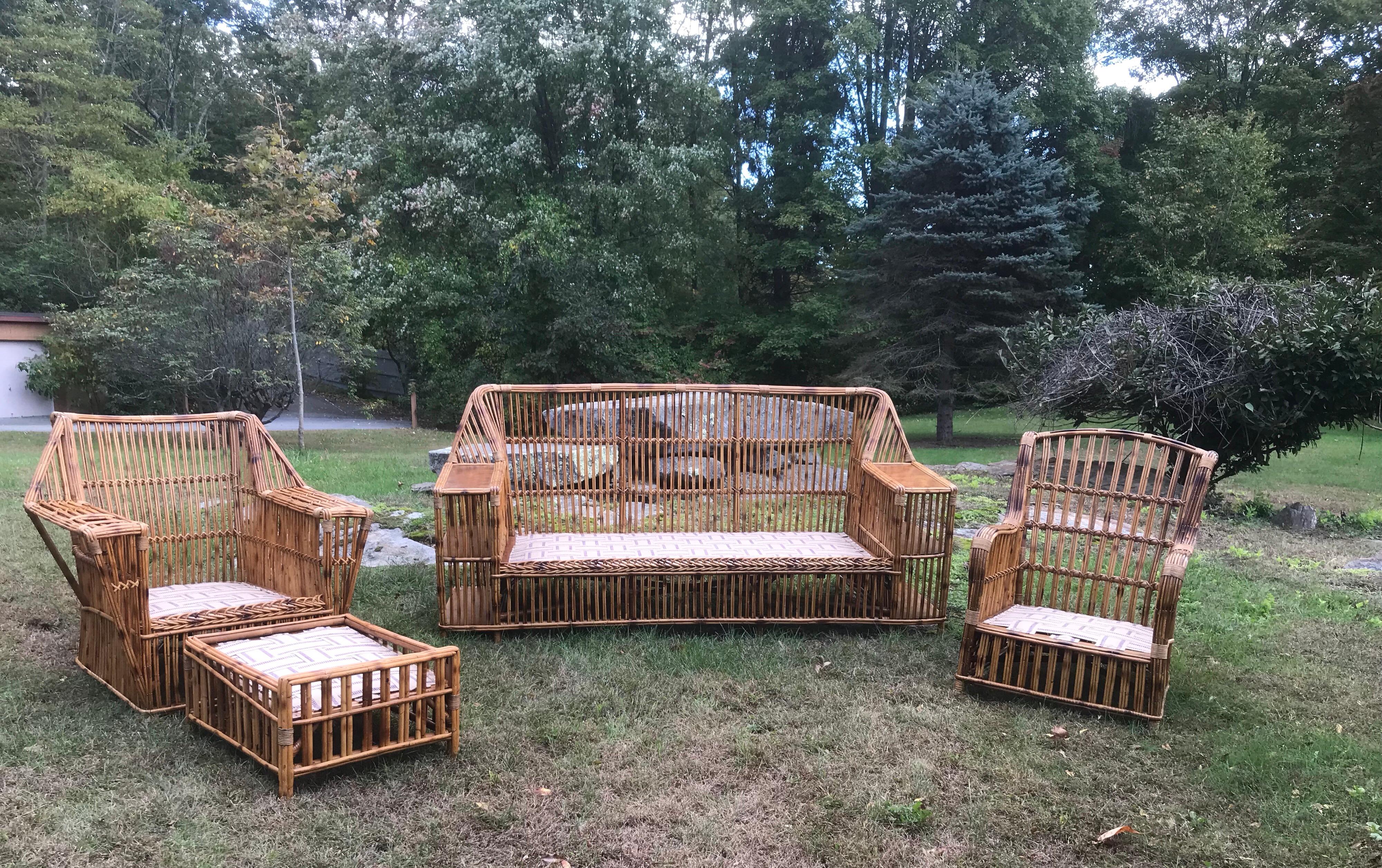 Antique stick rattan set in a natural finish. Restored to original condition. Clean and strong pieces. Sofa measures: 78