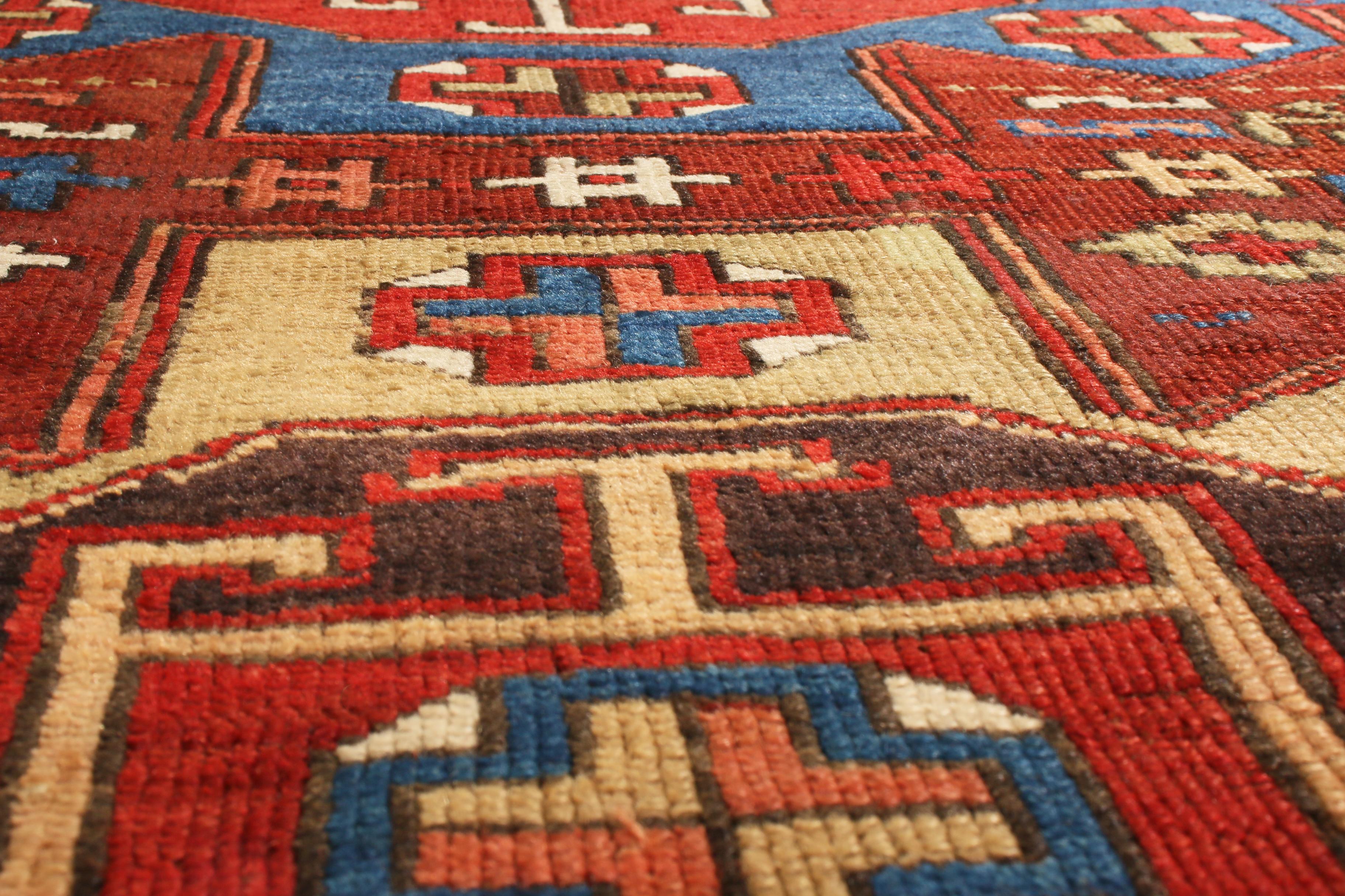 Antique Yuruk Traditional Burgundy Red and Blue Wool Rug In Good Condition In Long Island City, NY