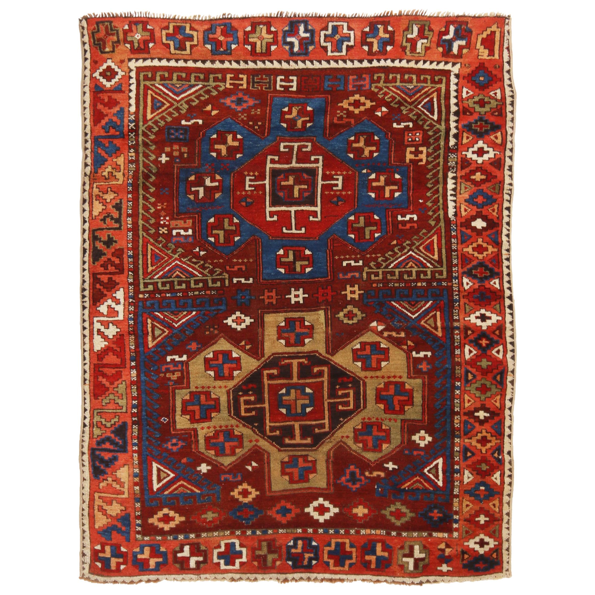 Antique Yuruk Traditional Burgundy Red and Blue Wool Rug