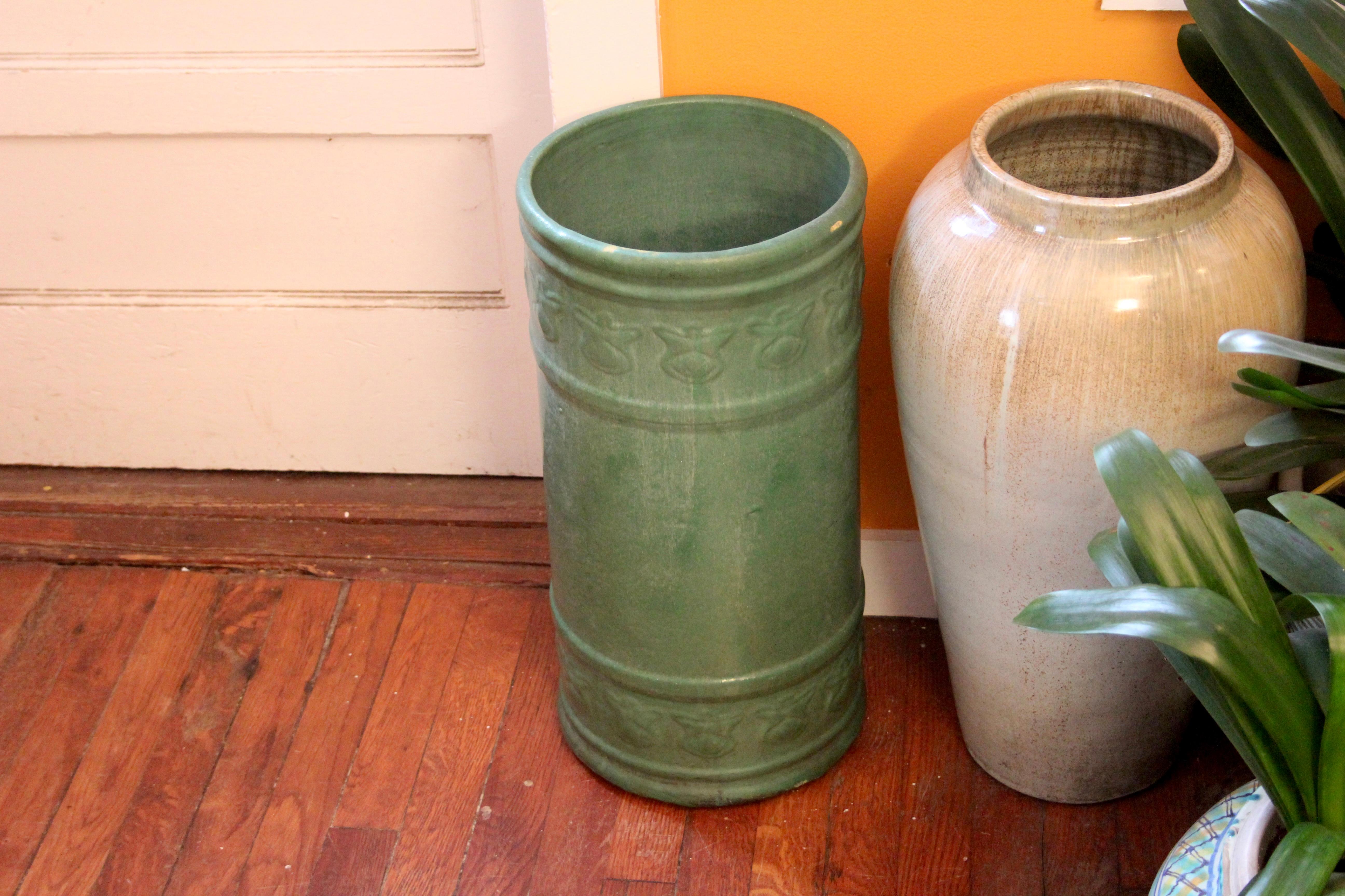Antique Zanesville Pottery Matt Green Arts & Crafts Umbrella Stick Stand Jar #1 3