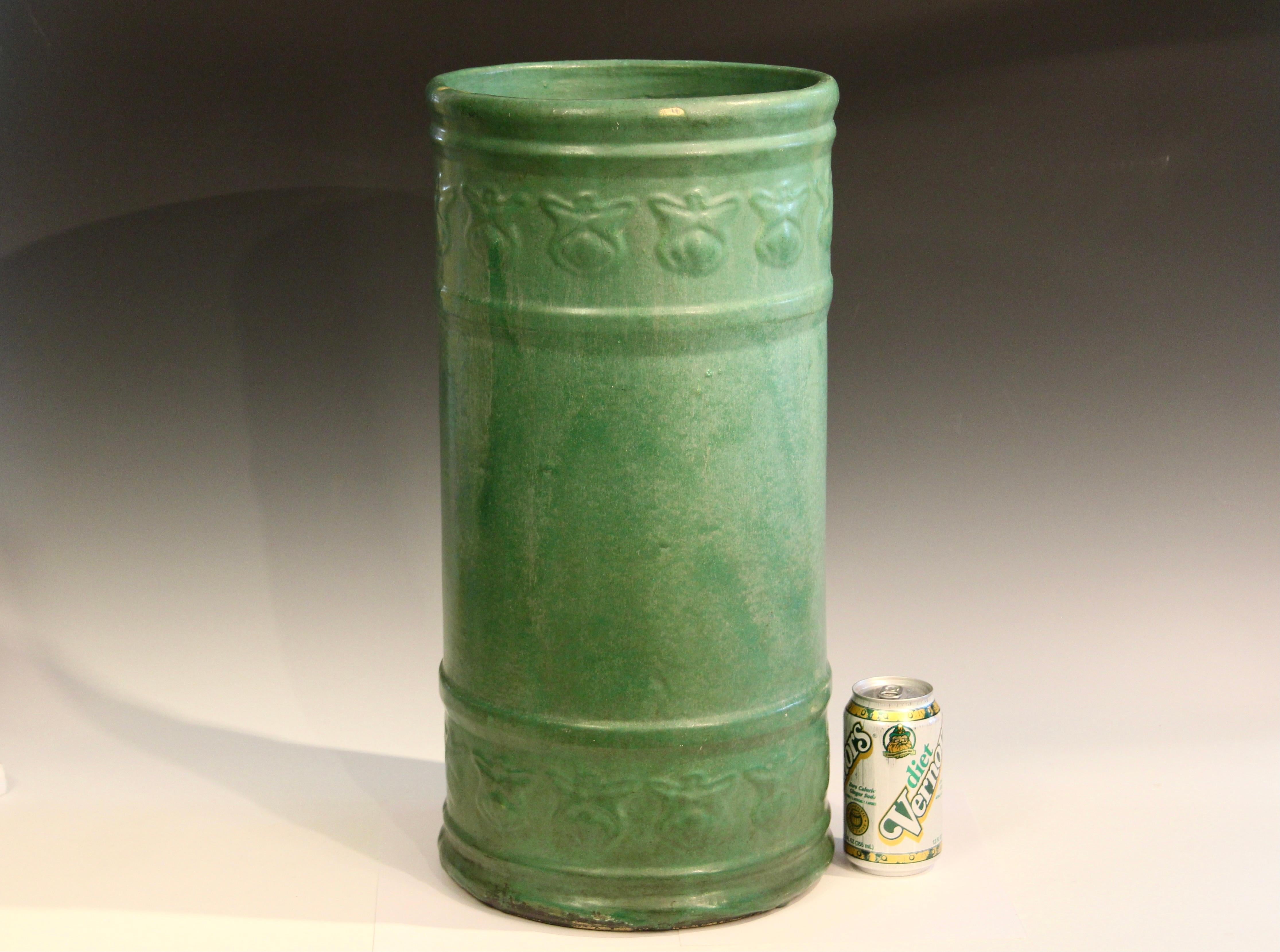 Antique Zanesville Pottery Matt Green Arts & Crafts Umbrella Stick Stand Jar #1 4