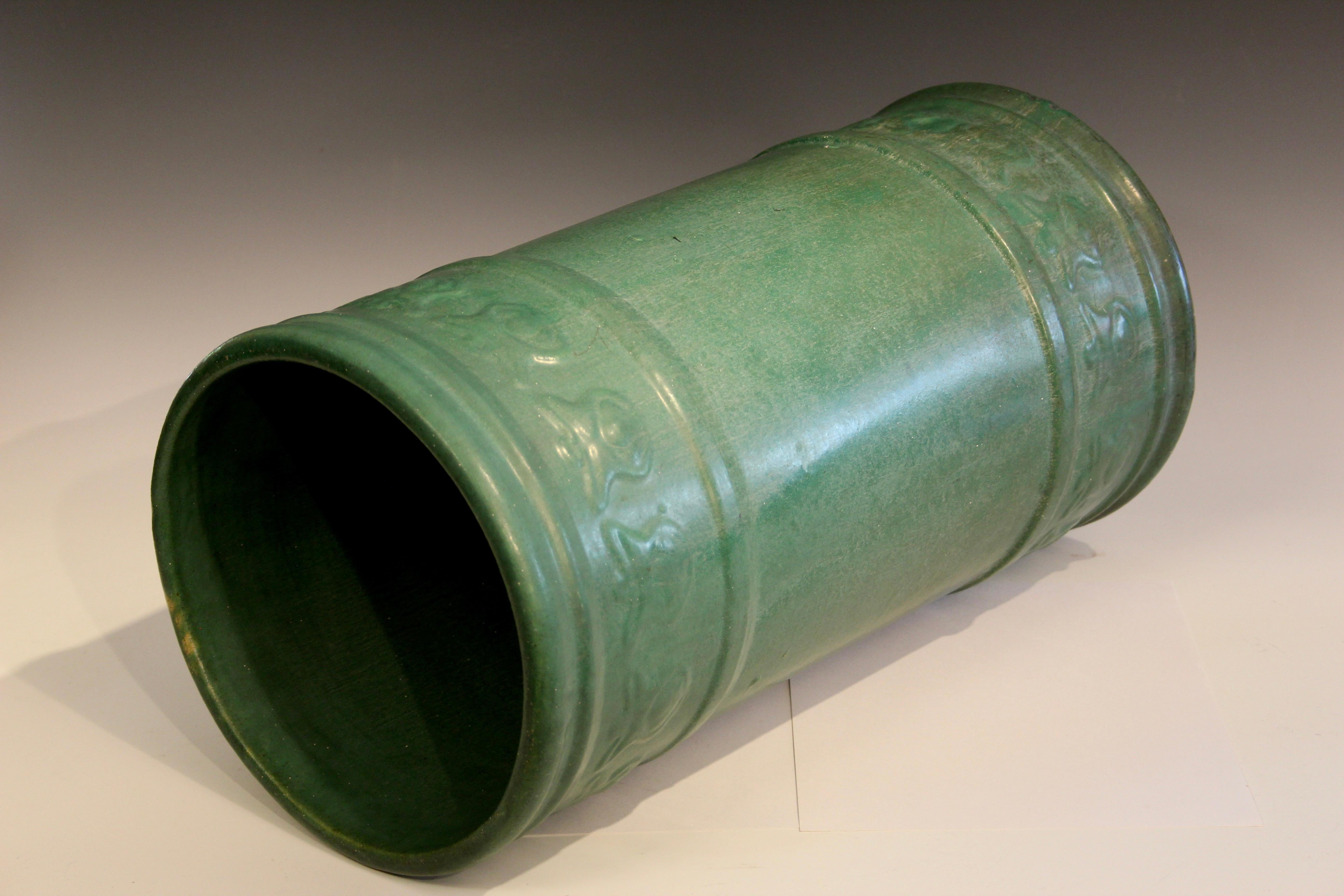 American Antique Zanesville Pottery Matt Green Arts & Crafts Umbrella Stick Stand Jar #1