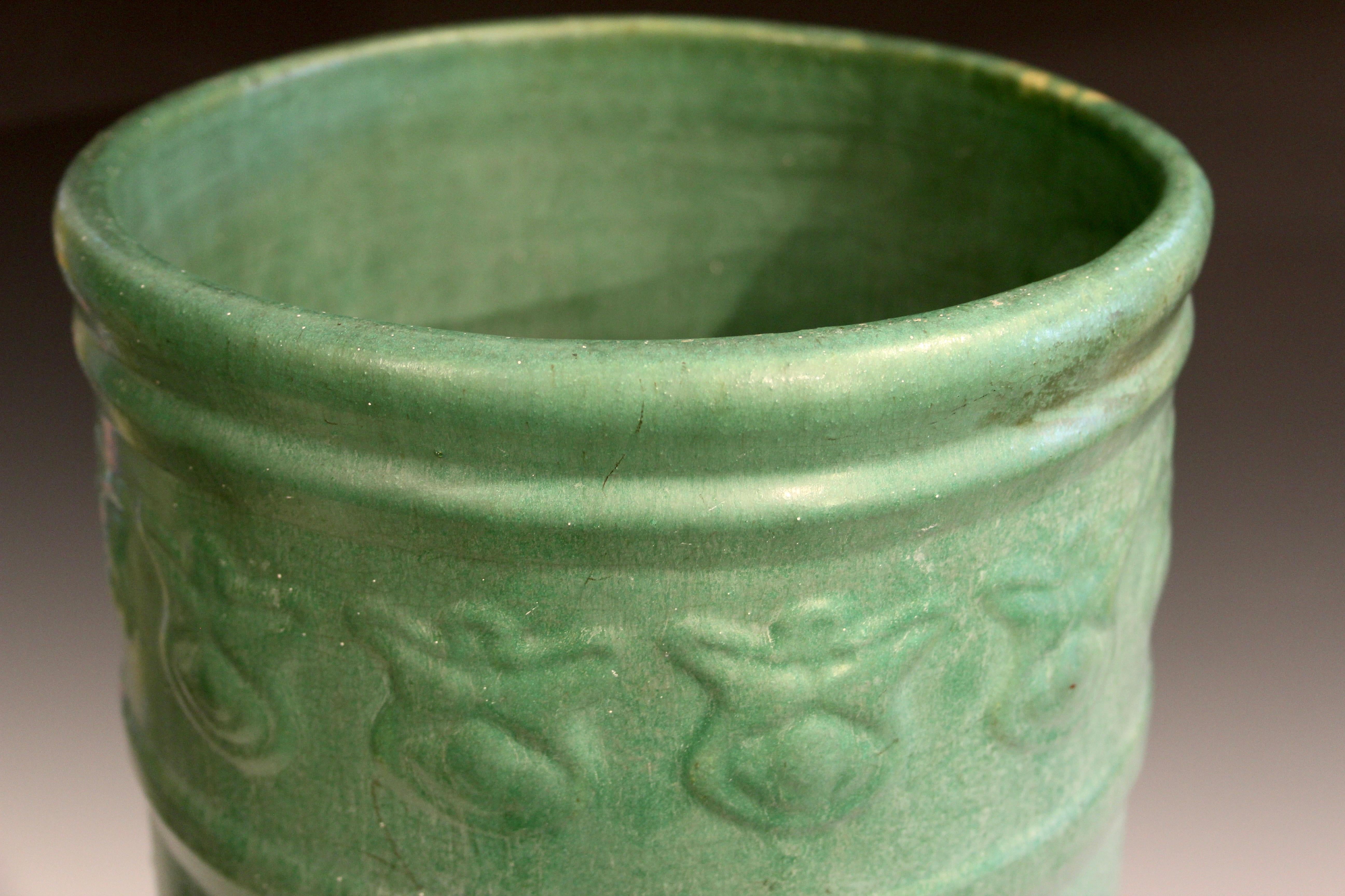 Antique Zanesville Pottery Matt Green Arts & Crafts Umbrella Stick Stand Jar #1 1