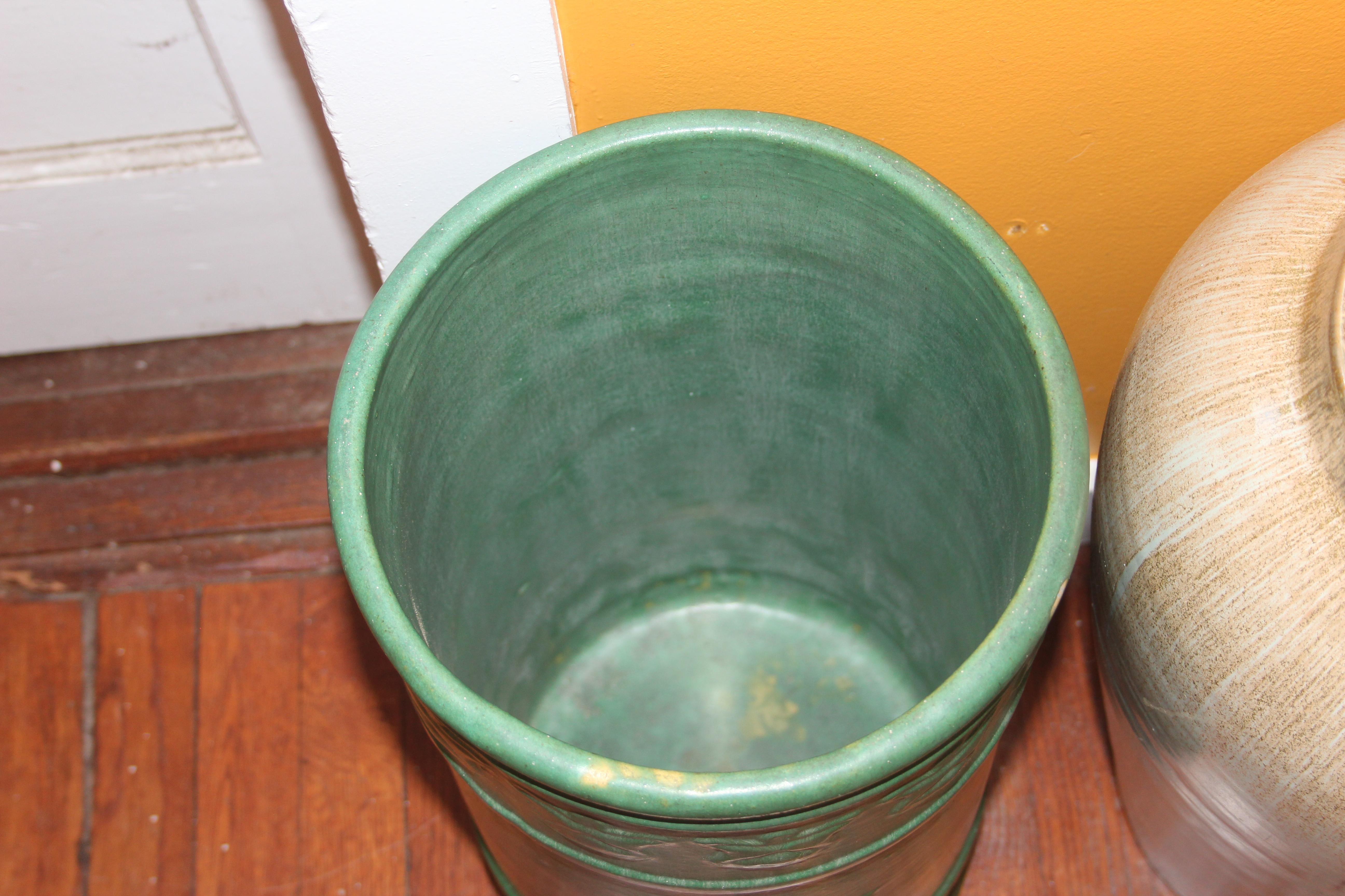 Antique Zanesville Pottery Matt Green Arts & Crafts Umbrella Stick Stand Jar #1 2