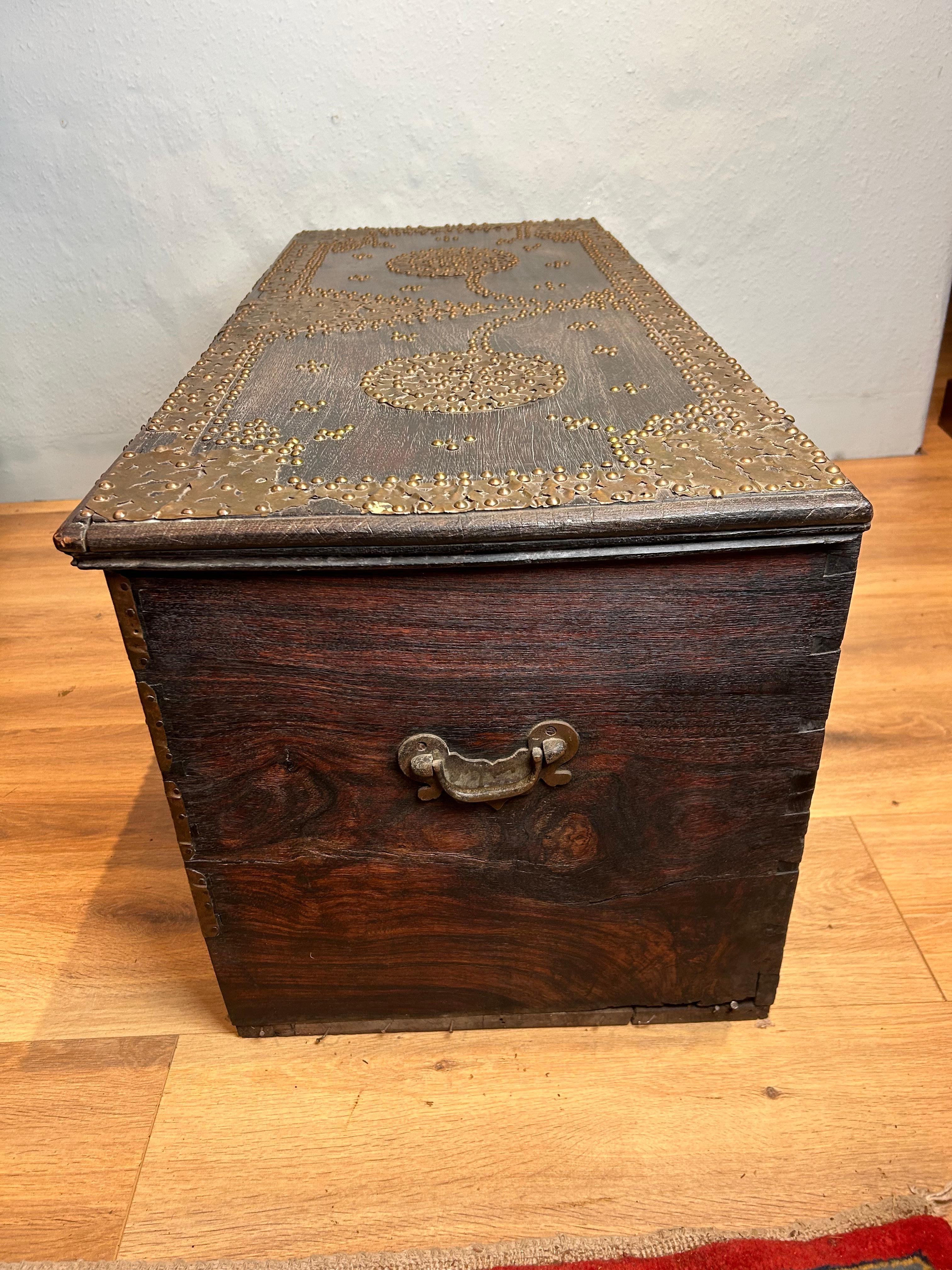 Anglo-Indian Antique Zanzibar Dowry Chest with Decorative Brass Overlay and Studs c1890