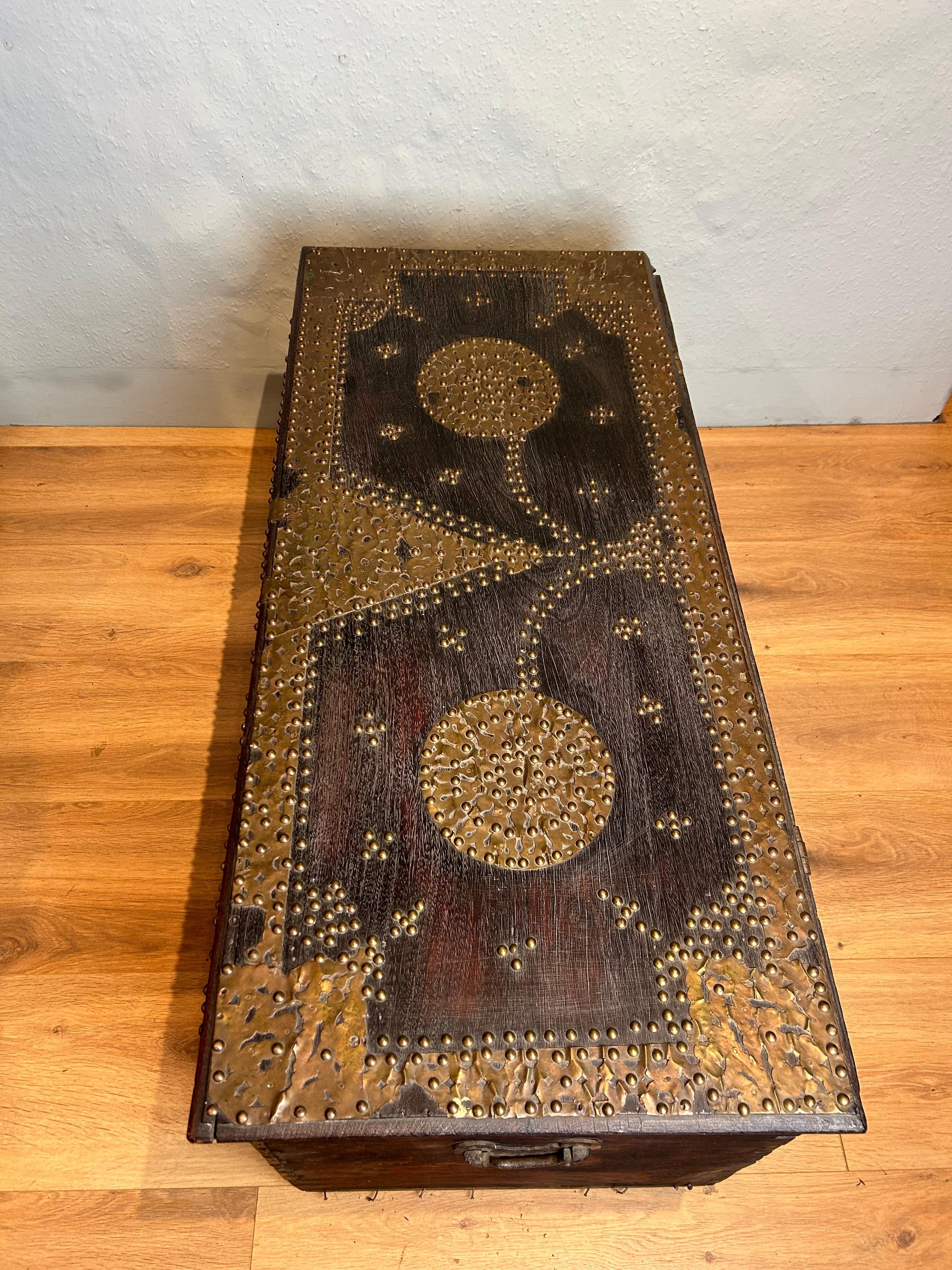 Indian Antique Zanzibar Dowry Chest with Decorative Brass Overlay and Studs c1890