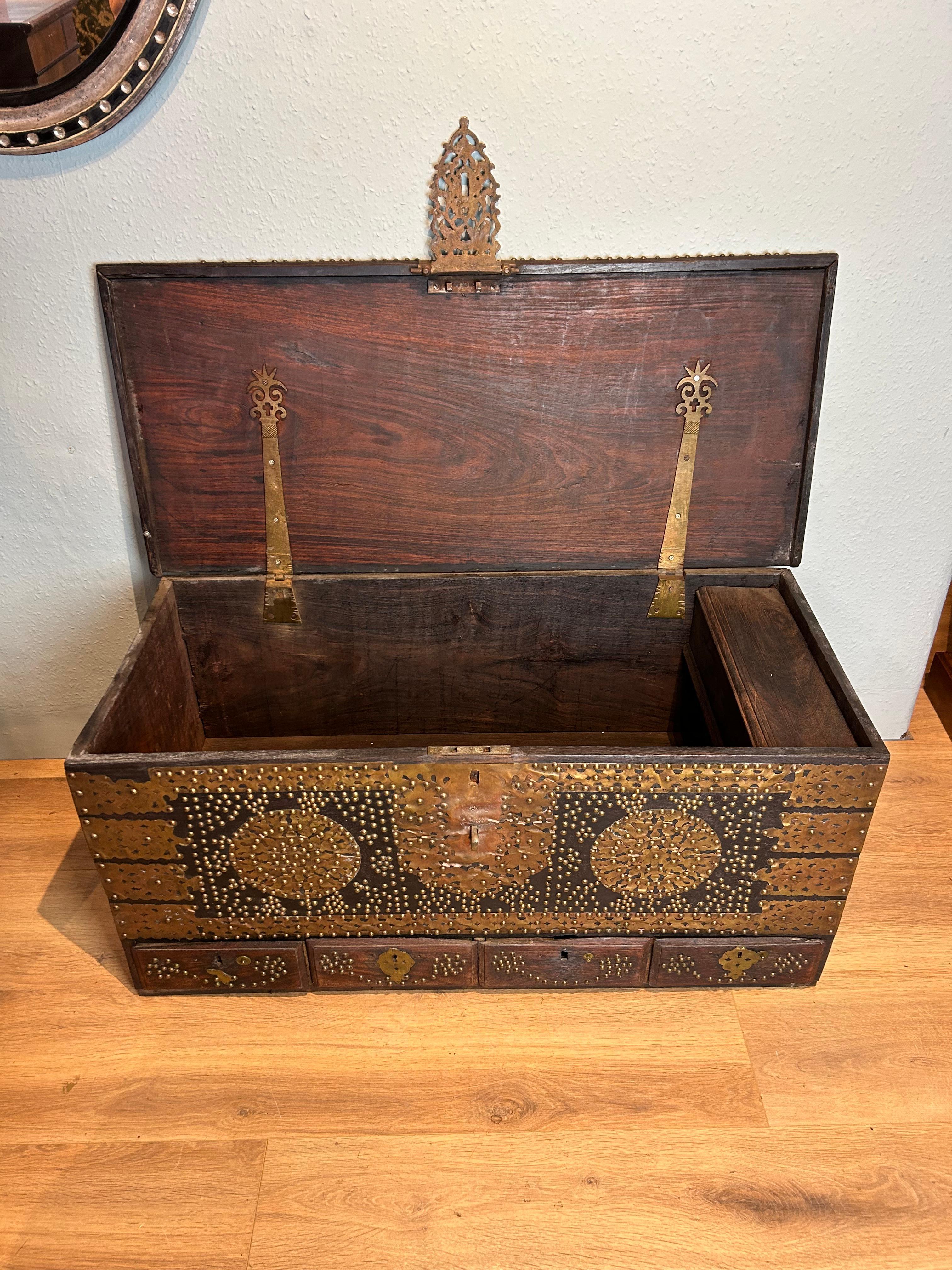 Hand-Crafted Antique Zanzibar Dowry Chest with Decorative Brass Overlay and Studs c1890