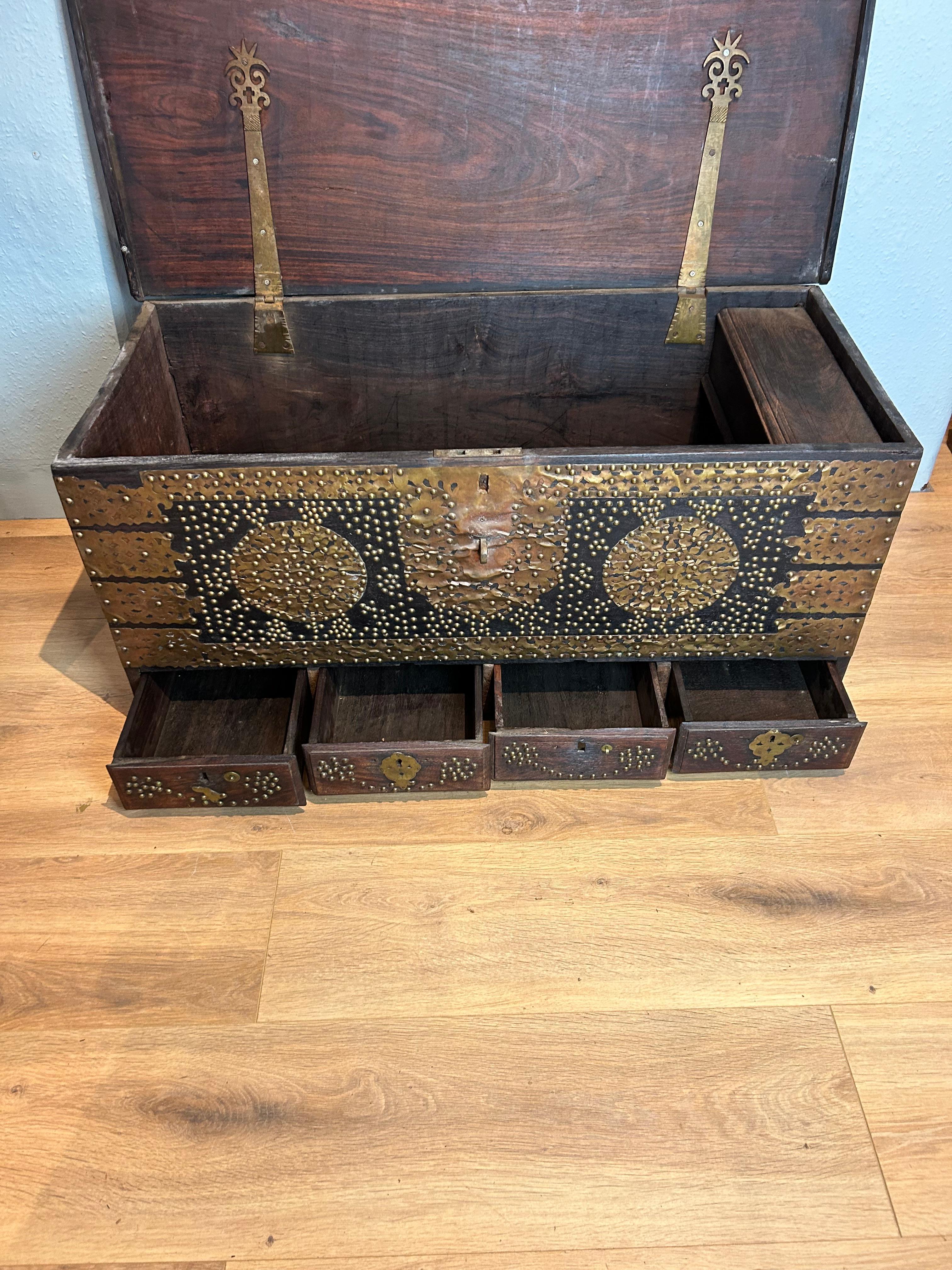19th Century Antique Zanzibar Dowry Chest with Decorative Brass Overlay and Studs c1890