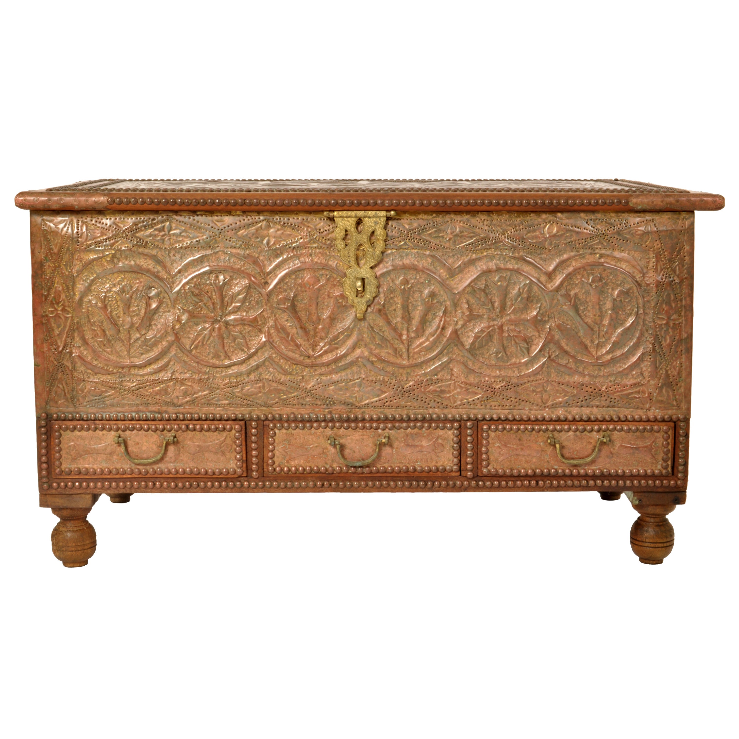 Antique Zanzibar Omani Teak & Brass Studded Copper Clad Dowry Chest Trunk, 1880 For Sale