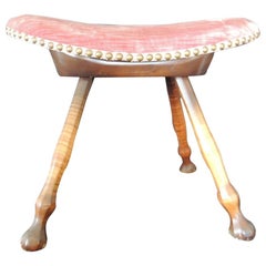 Antique Zebra Wood Saddle Shape Stool with Pink Velvet Upholstery