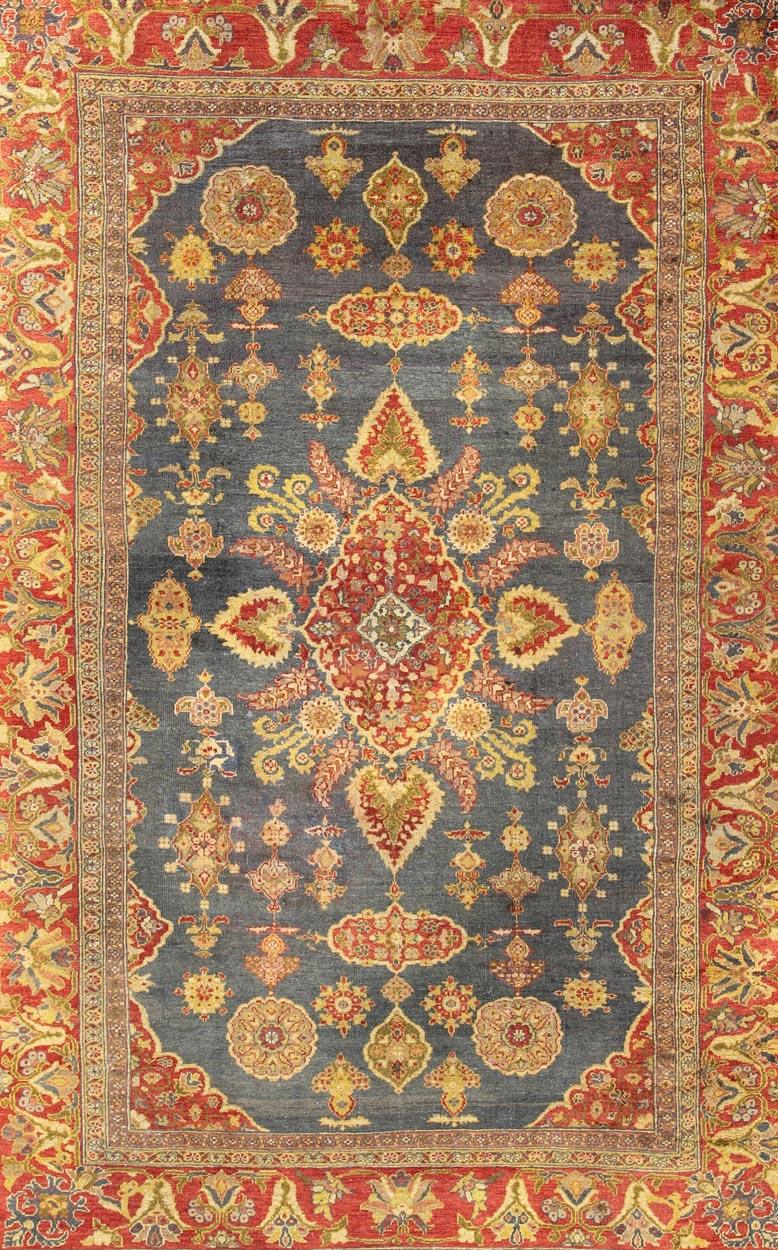 Hand-Knotted Antique Zeigler Sultanabad Rug with Elegant Medallion Design in Blue & Rust Red For Sale