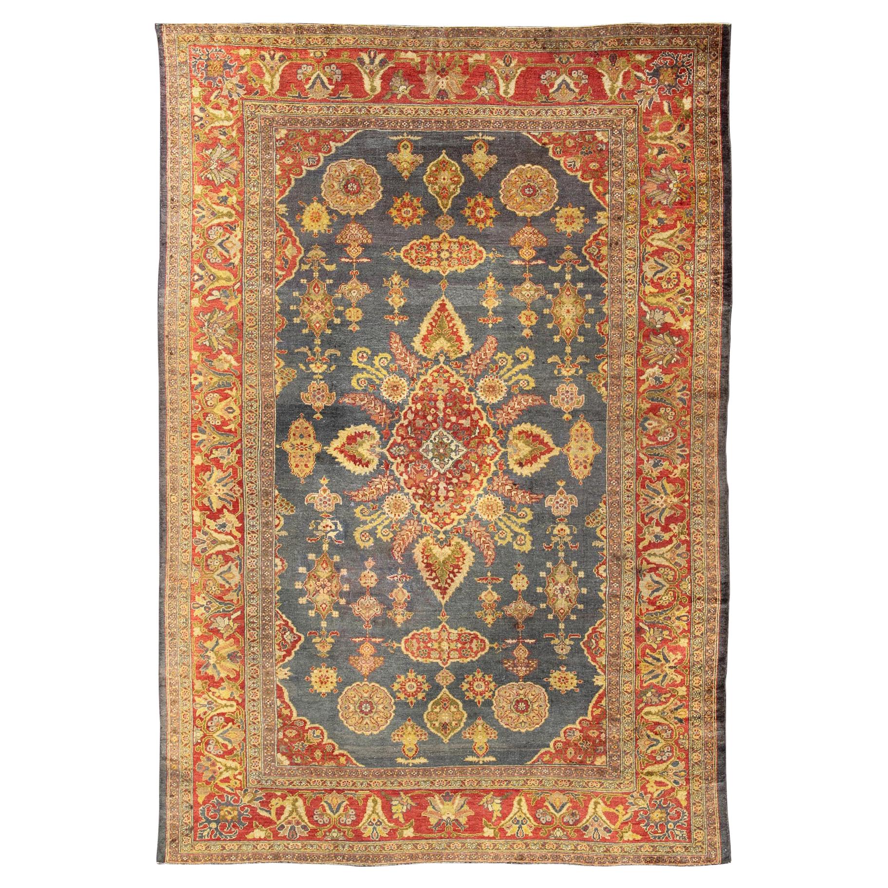 Antique Zeigler Sultanabad Rug with Elegant Medallion Design in Blue & Rust Red