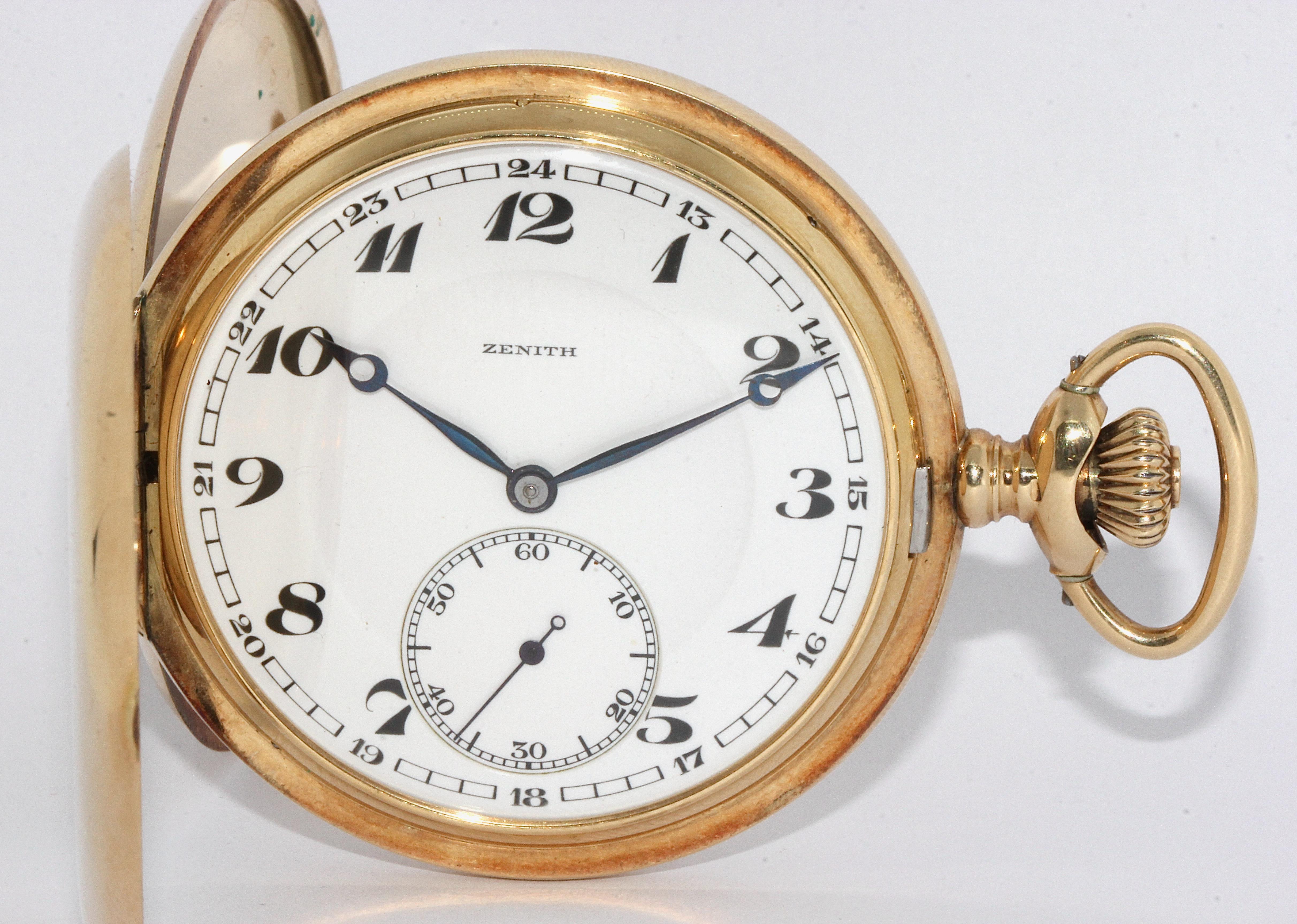 Antique Zenith 14 karat gold pocket watch, savonette. Enamel dial with Arabic numbers.

Pocket watch can be wound and works.
Original, very good condition.

Meaning of the dedication:

