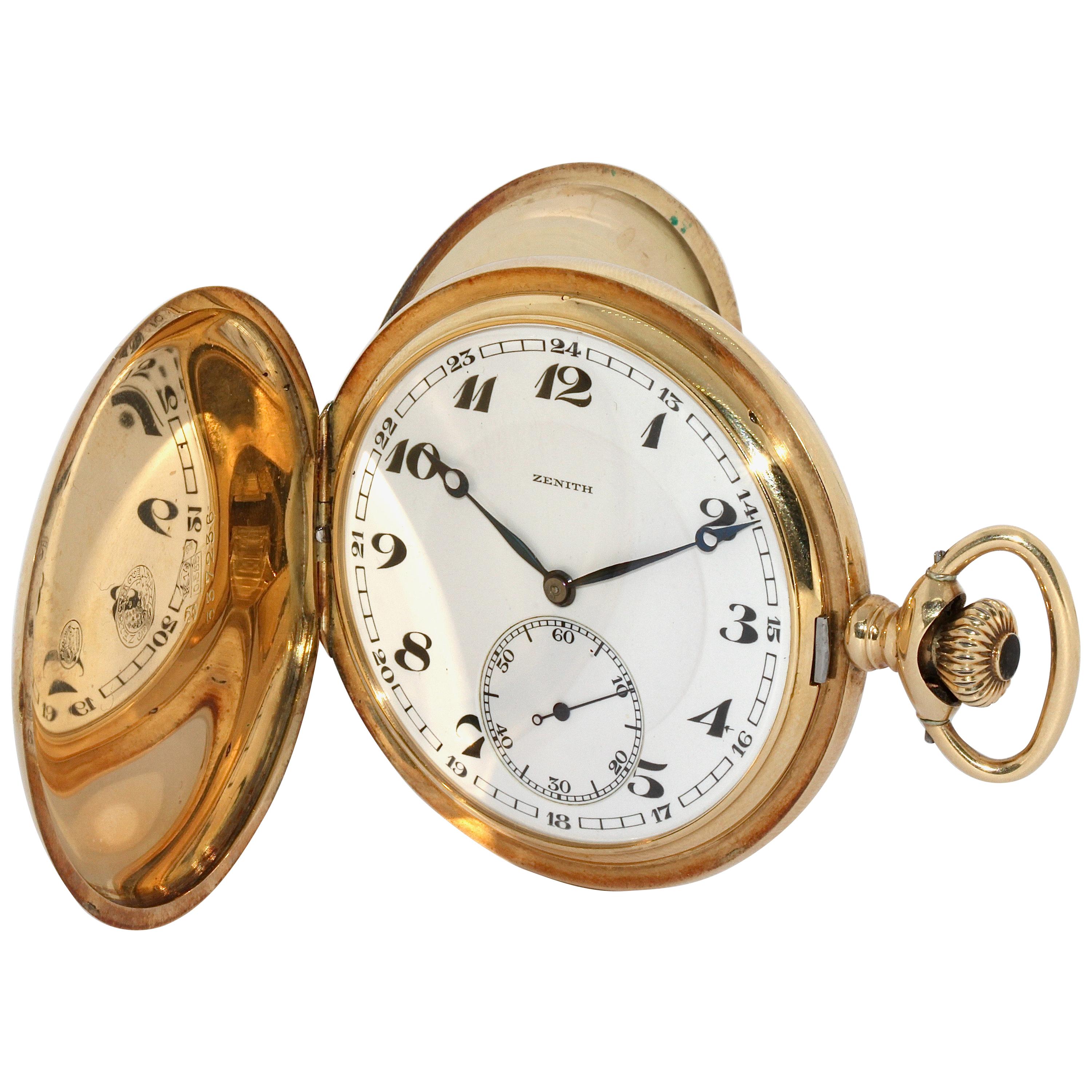 Antique Zenith 14 Karat Gold Pocket Watch, Savonette, Enamel Dial