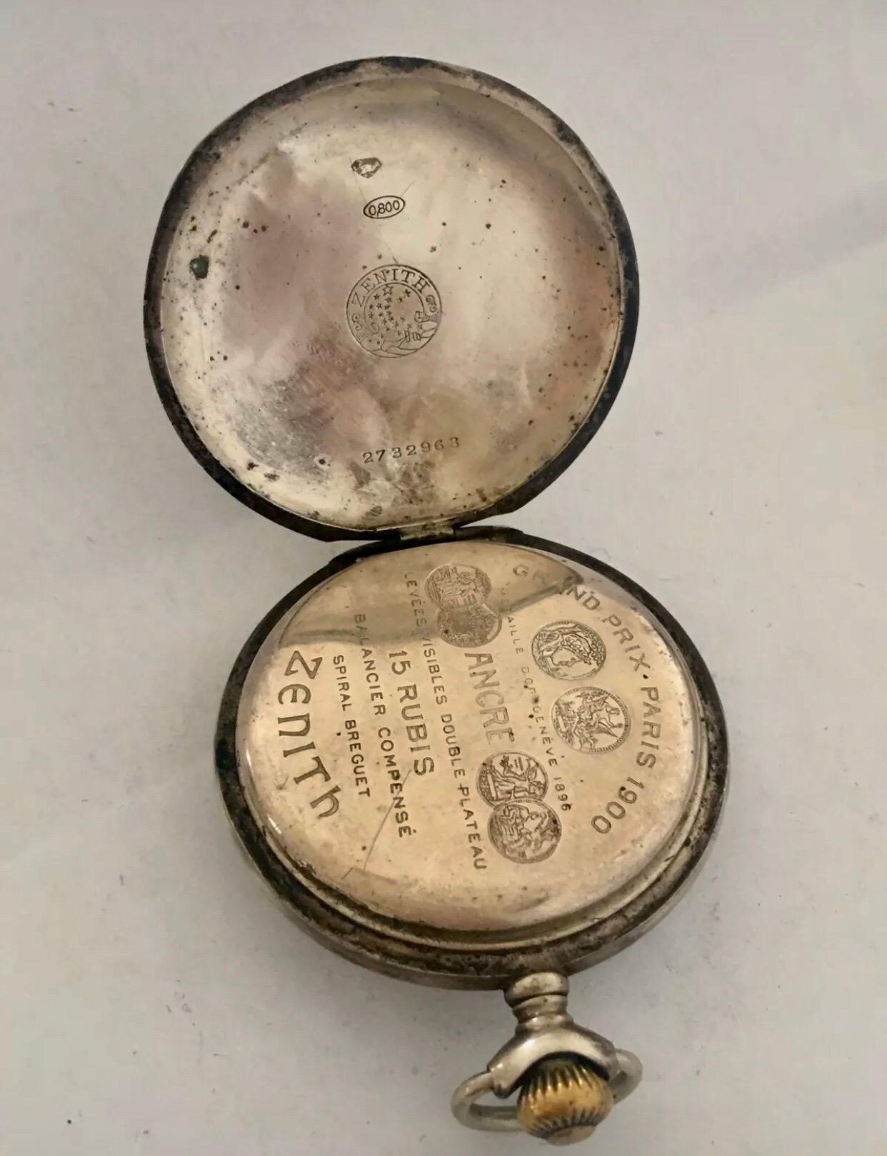 Women's or Men's Antique Zenith Silver Pocket Watch For Sale