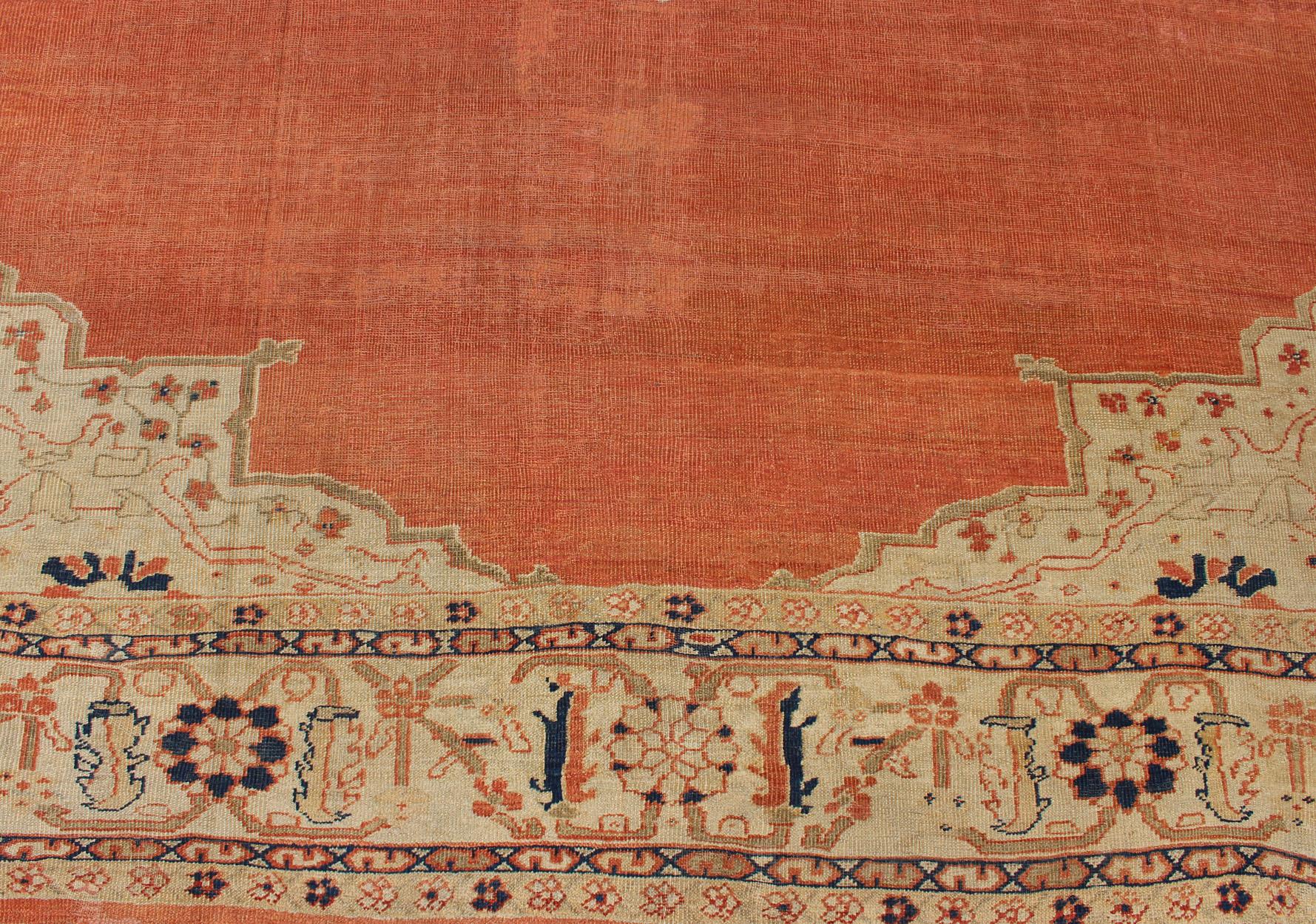 Antique Large Ziegler Sultanabad Rug in Soft Orange, Cream and Navy Blue For Sale 6