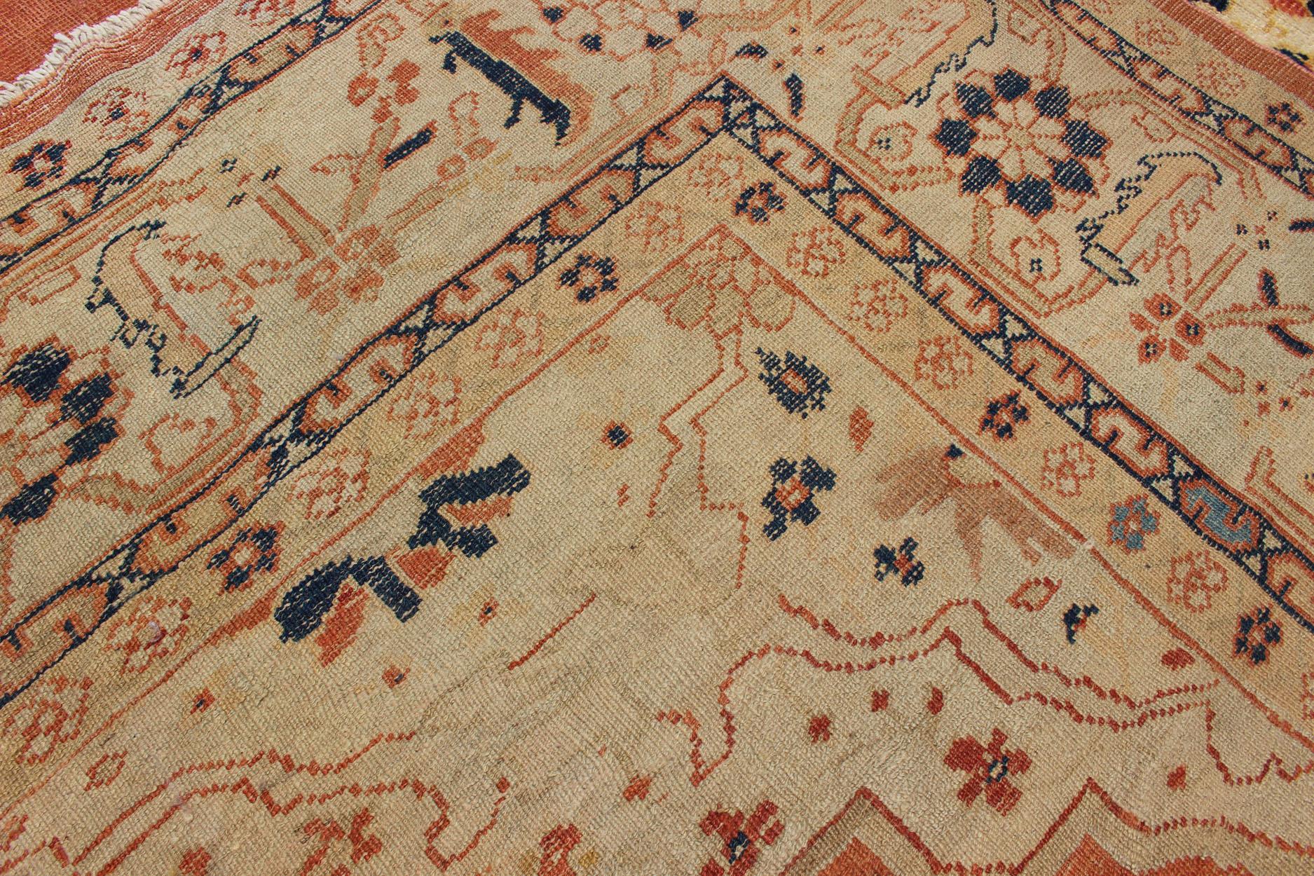 Antique Large Ziegler Sultanabad Rug in Soft Orange, Cream and Navy Blue For Sale 9