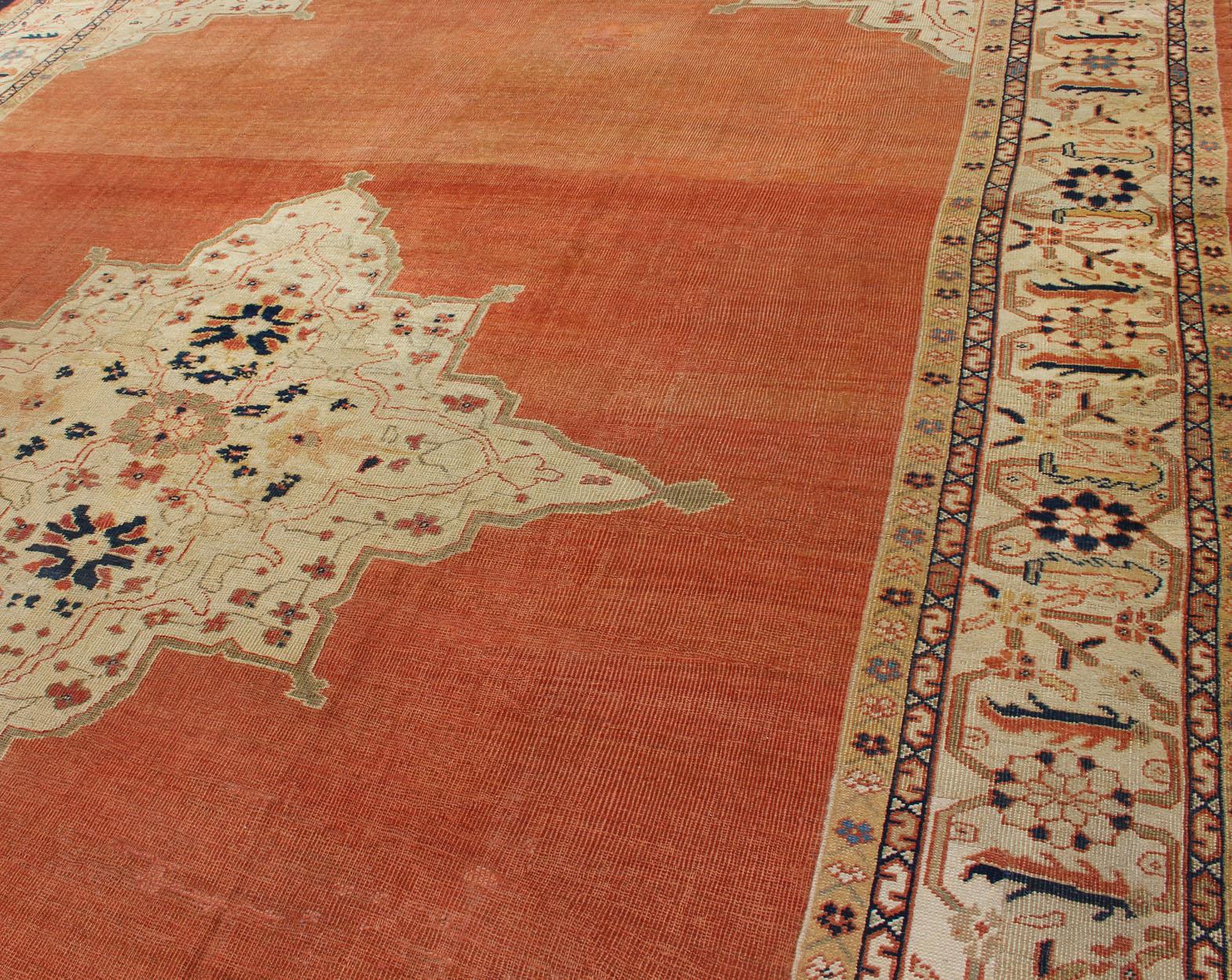 Antique Large Ziegler Sultanabad Rug in Soft Orange, Cream and Navy Blue For Sale 12