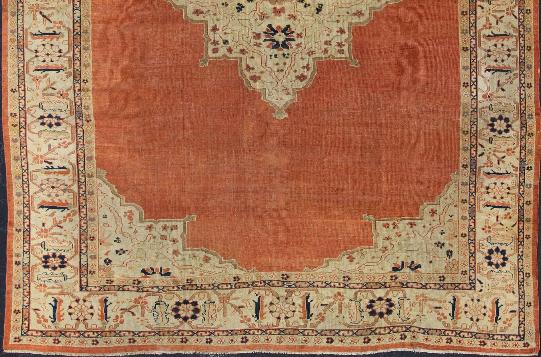 Persian Antique Large Ziegler Sultanabad Rug in Soft Orange, Cream and Navy Blue For Sale