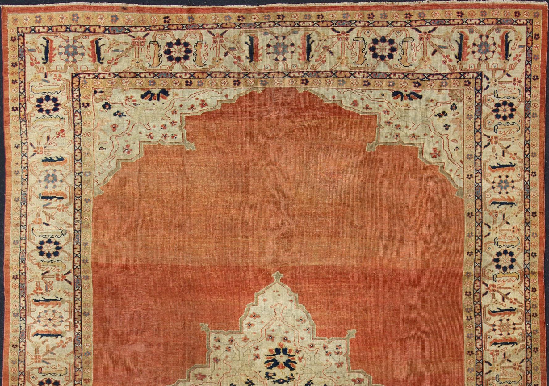Hand-Knotted Antique Large Ziegler Sultanabad Rug in Soft Orange, Cream and Navy Blue For Sale