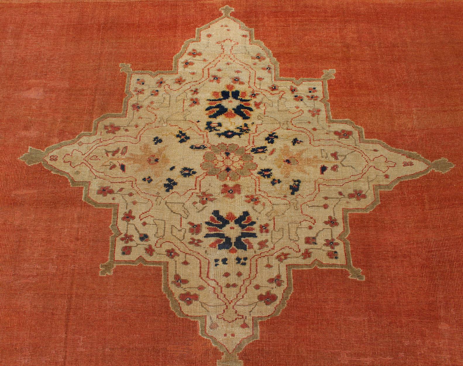 19th Century Antique Large Ziegler Sultanabad Rug in Soft Orange, Cream and Navy Blue For Sale