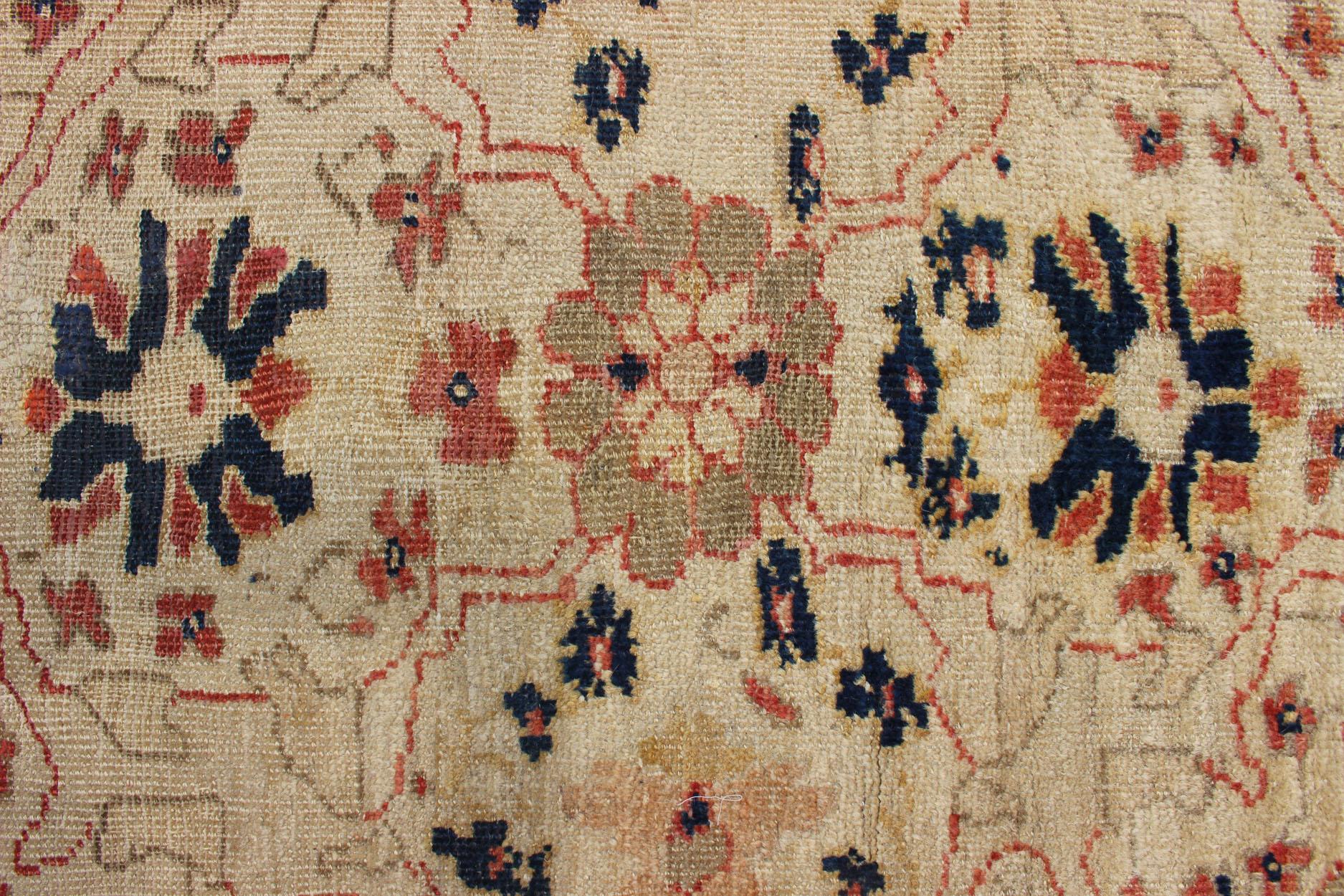 Wool Antique Large Ziegler Sultanabad Rug in Soft Orange, Cream and Navy Blue For Sale