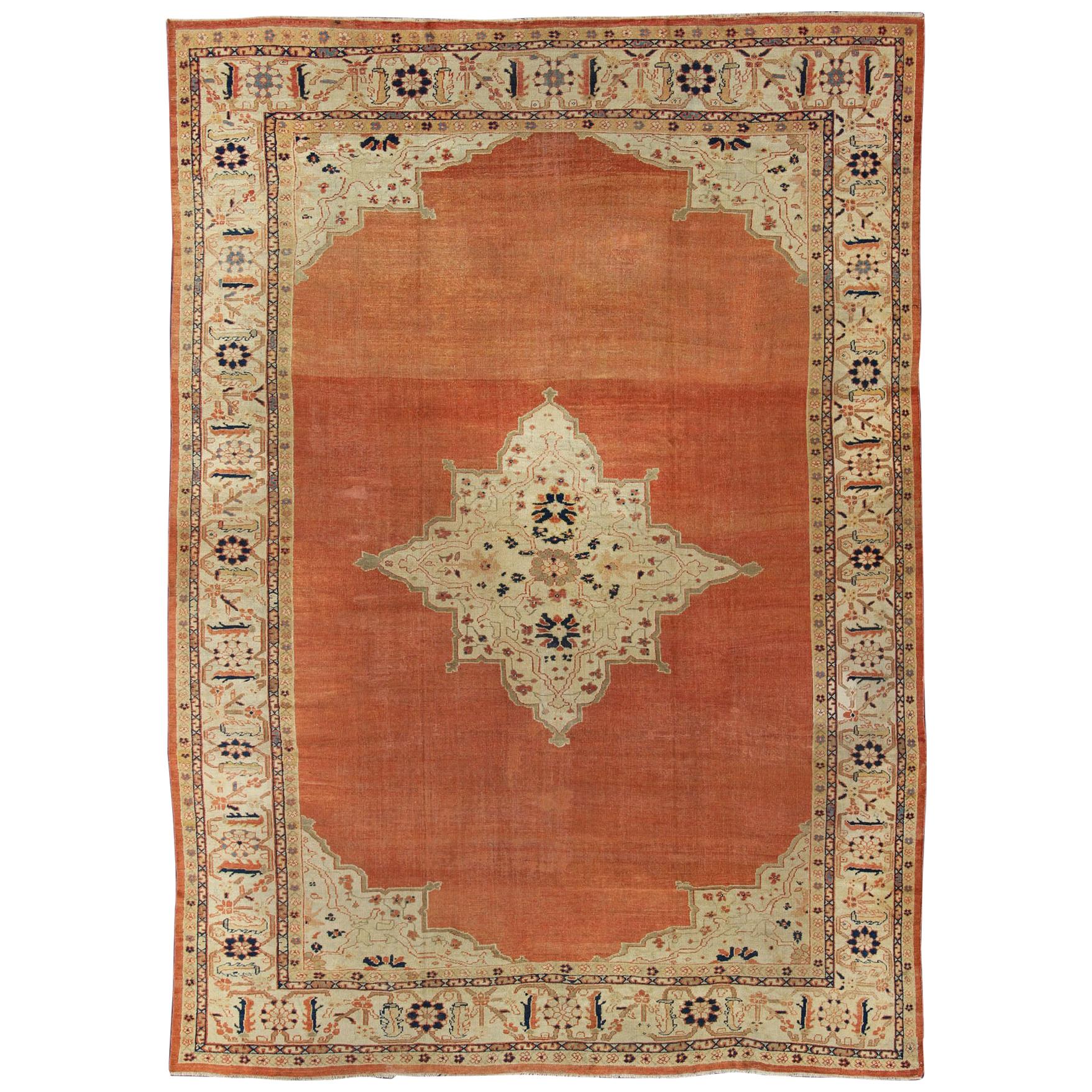 Antique Large Ziegler Sultanabad Rug in Soft Orange, Cream and Navy Blue For Sale