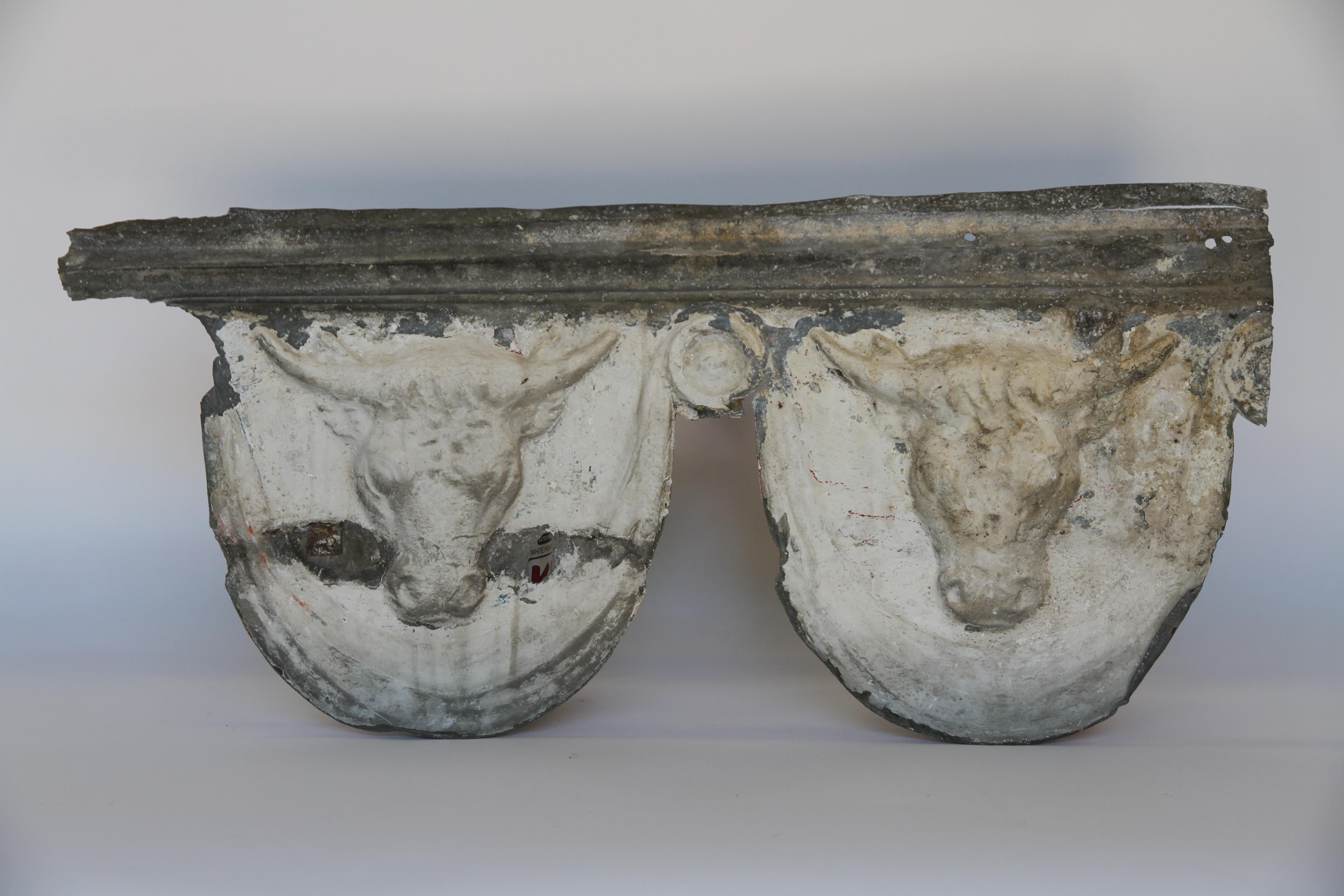 Antique Zinc French Architectural Element with Two Bull Heads 3
