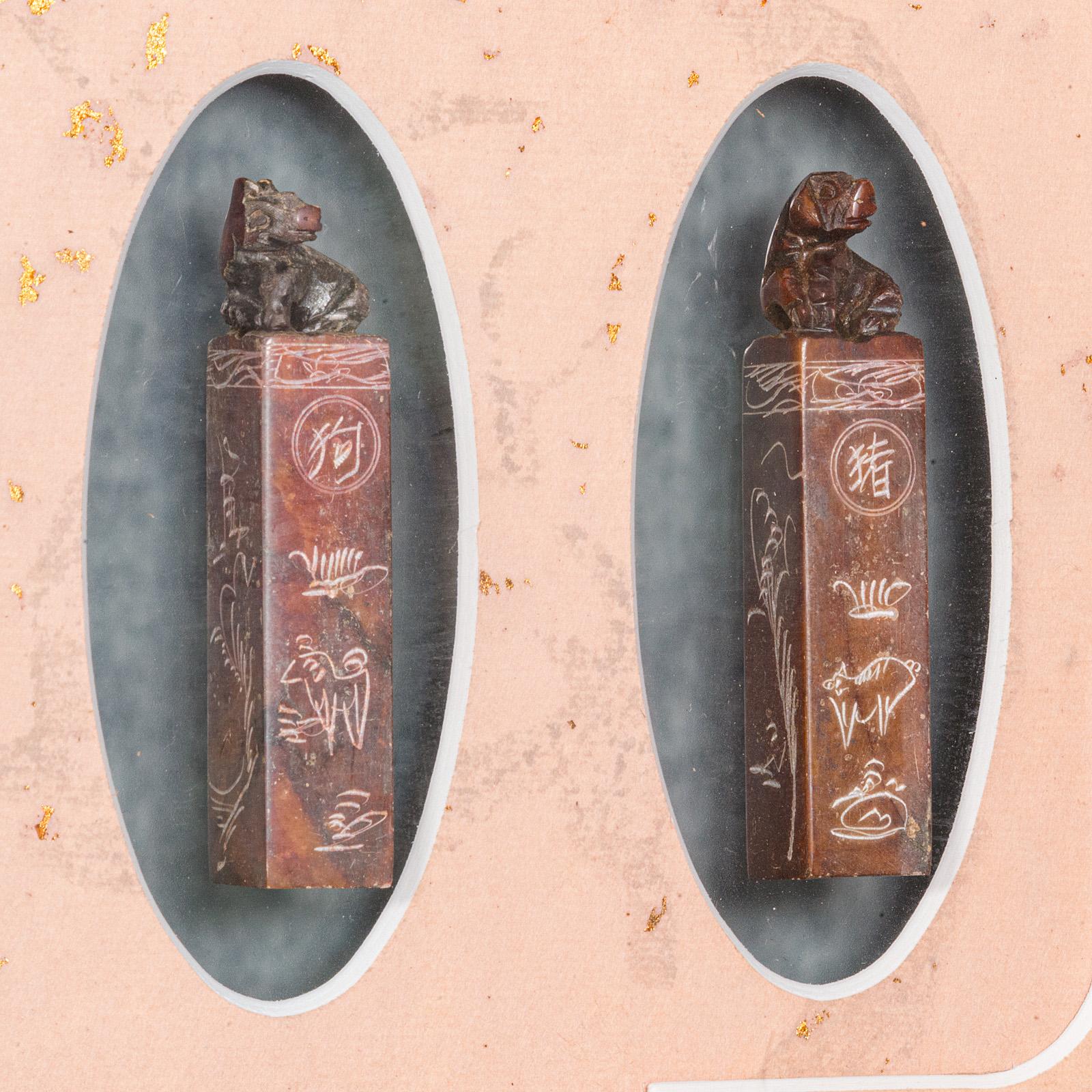 Antike Zodiac Siegel Display, Chinesisch, Speckstein Shengxiao, Eiche Rahmen, viktorianischen im Angebot 3