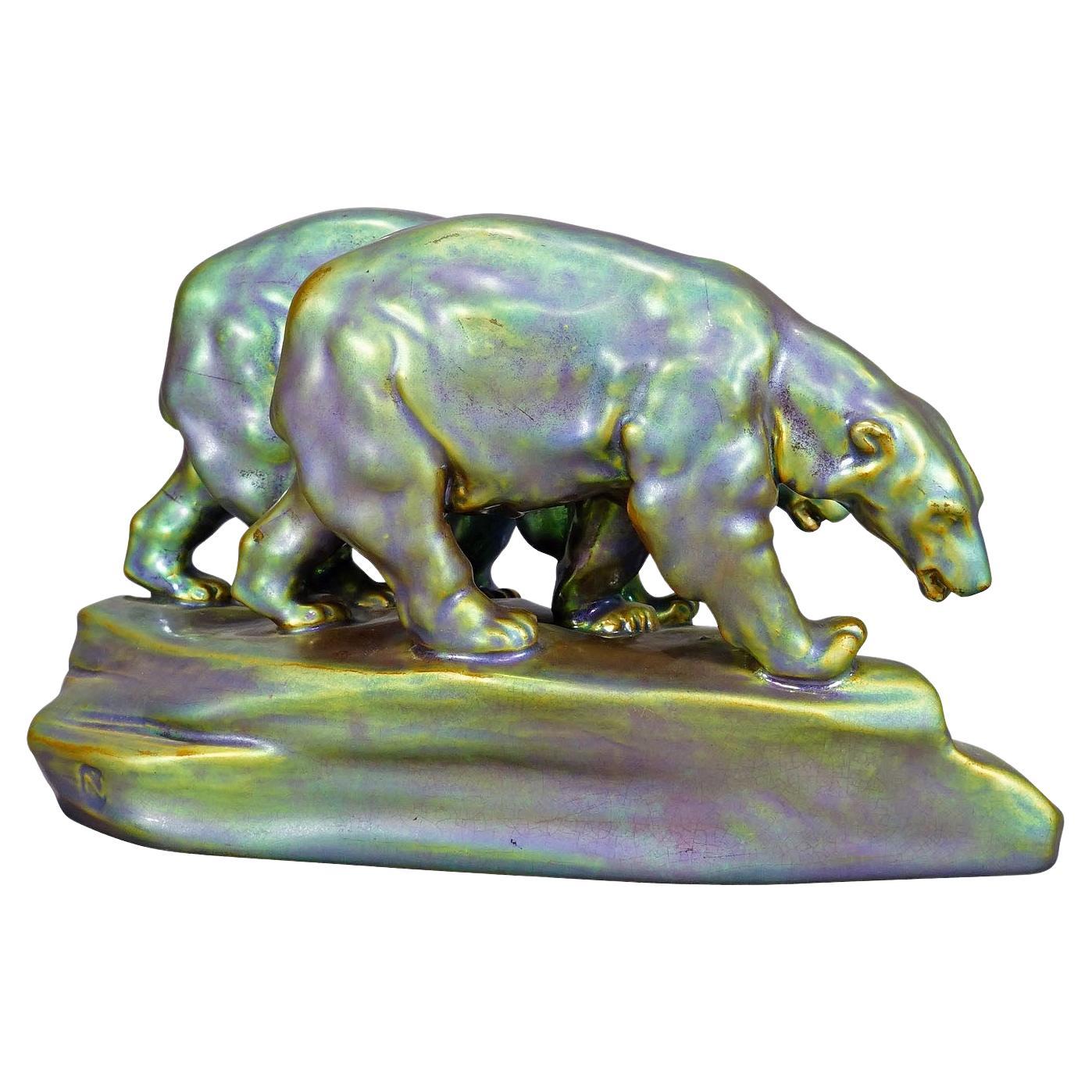 Ancienne sculpture d'ours polaires de Zsolnay, Pecs, vers 1930