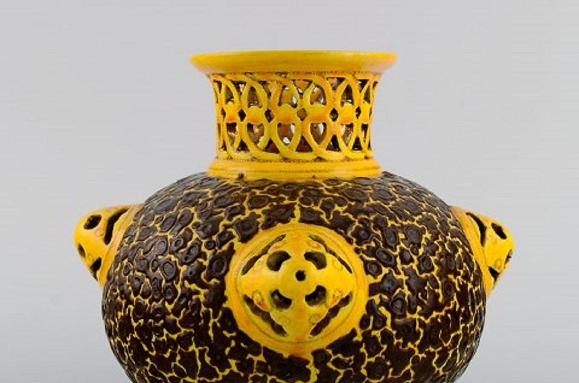 Hungarian Antique Zsolnay Vase in Openwork Glazed Ceramics, 1882-1885, Museum Quality For Sale