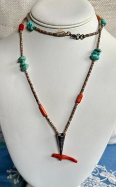 Antique Zuni Pueblo Coral Raven Bird Fetish Necklace Native American Turquoise