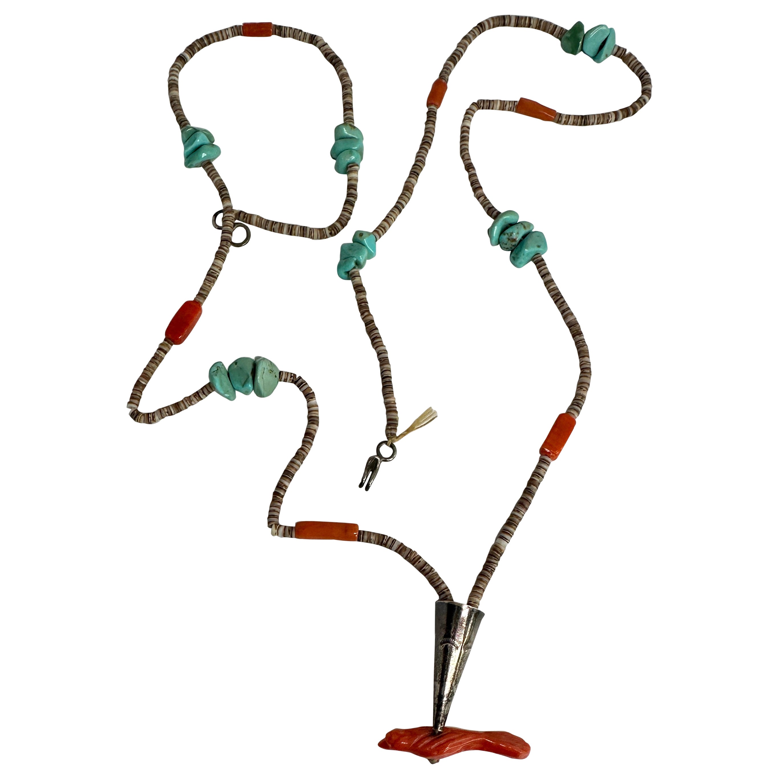 Antike Zuni Pueblo Koralle Rabe Vogel Fetisch Halskette Native American Türkis im Angebot