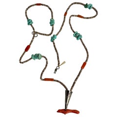 Antique Zuni Pueblo Coral Raven Bird Fetish Necklace Native American Turquoise