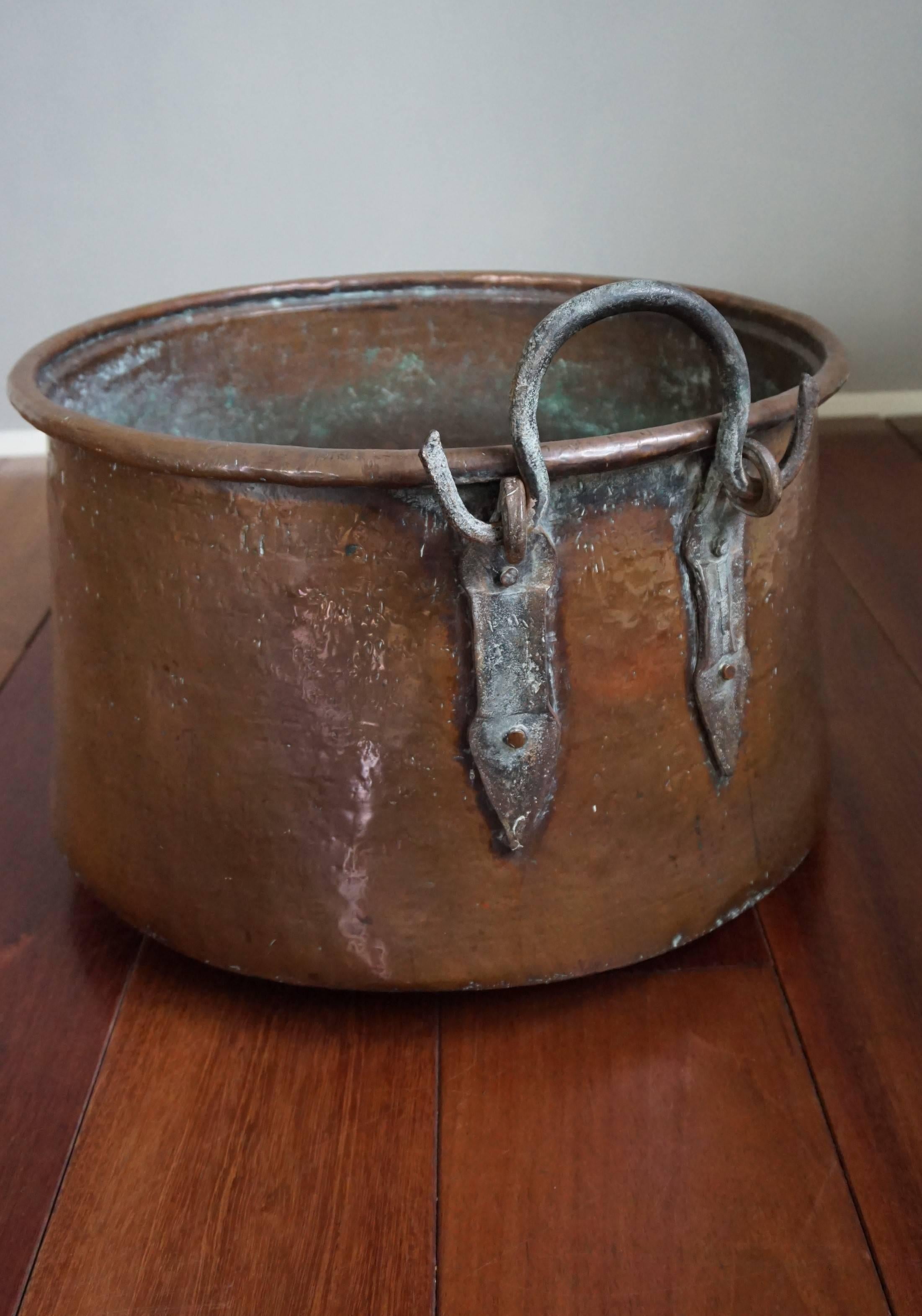 Brass Antique, Large & Decorative Hand Hammered Copper & Wrought Iron Firewood Bucket