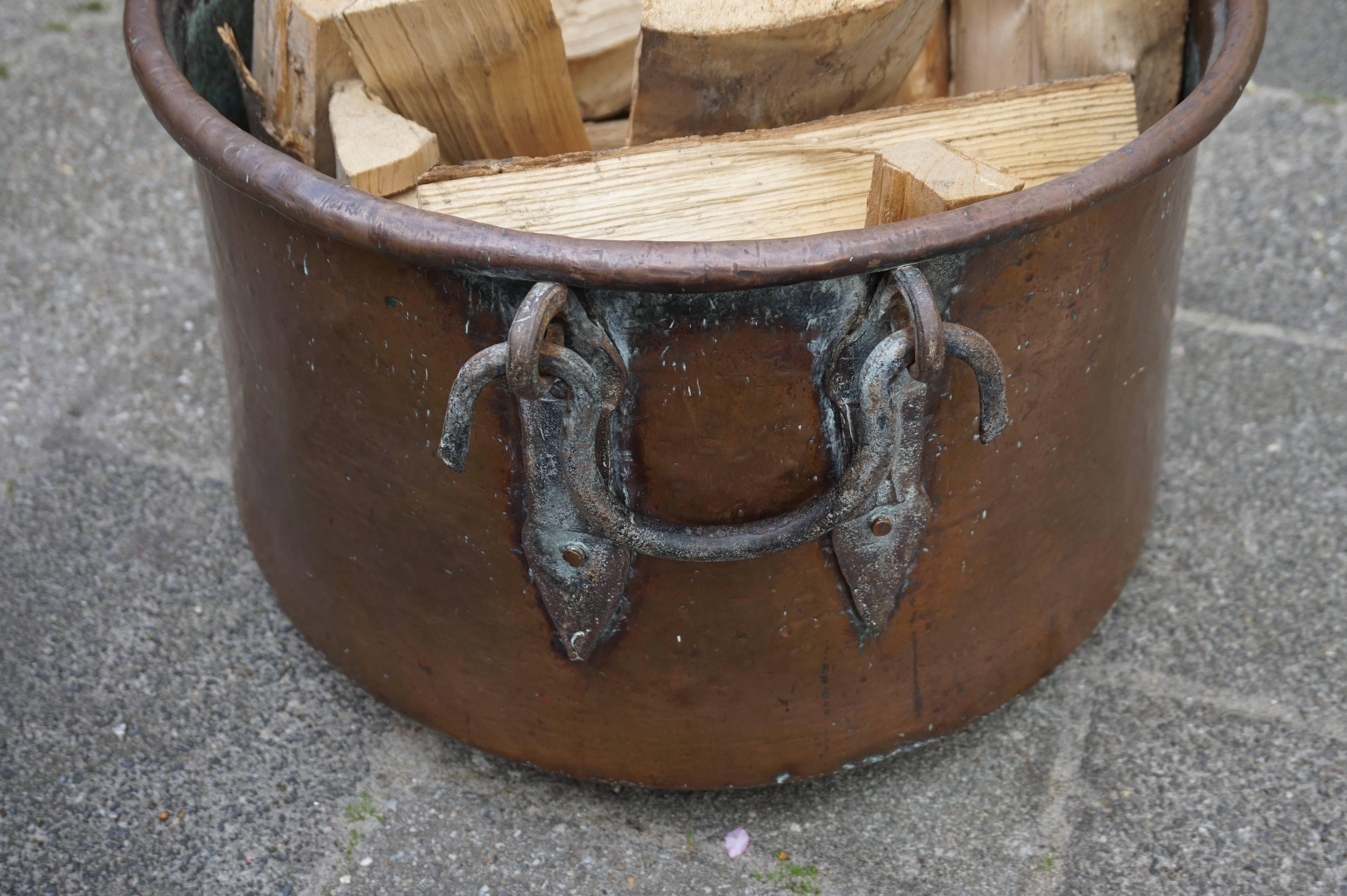 Hand-Crafted Antique, Large & Decorative Hand Hammered Copper & Wrought Iron Firewood Bucket