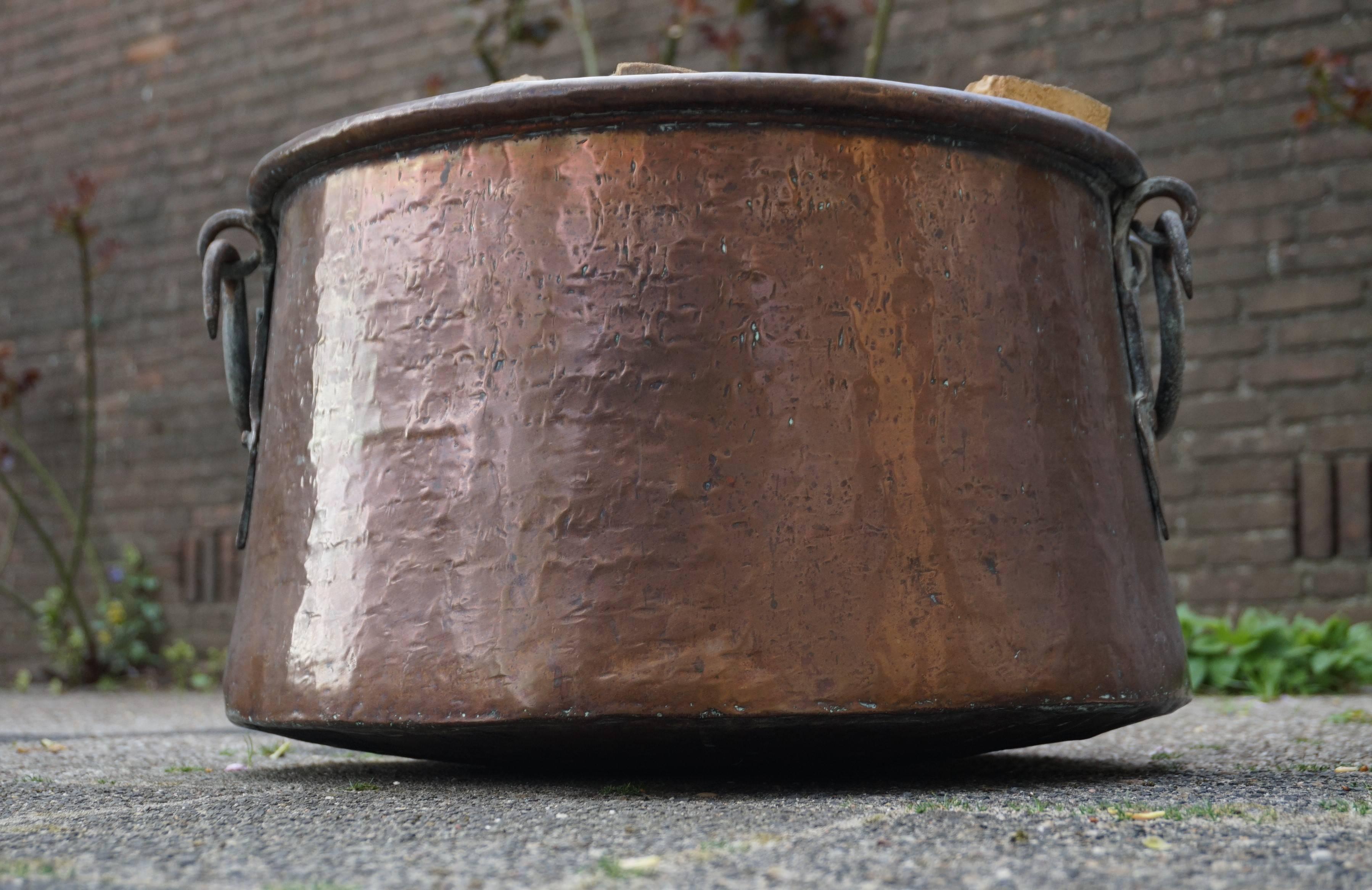 19th Century Antique, Large & Decorative Hand Hammered Copper & Wrought Iron Firewood Bucket