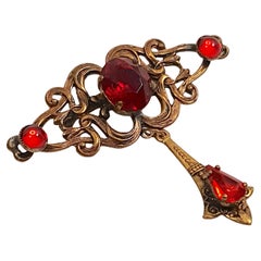 AntiqueArtNouveau 1920s RedPouredGlass Czech Neiger BrassFiligree Dangle Brooch