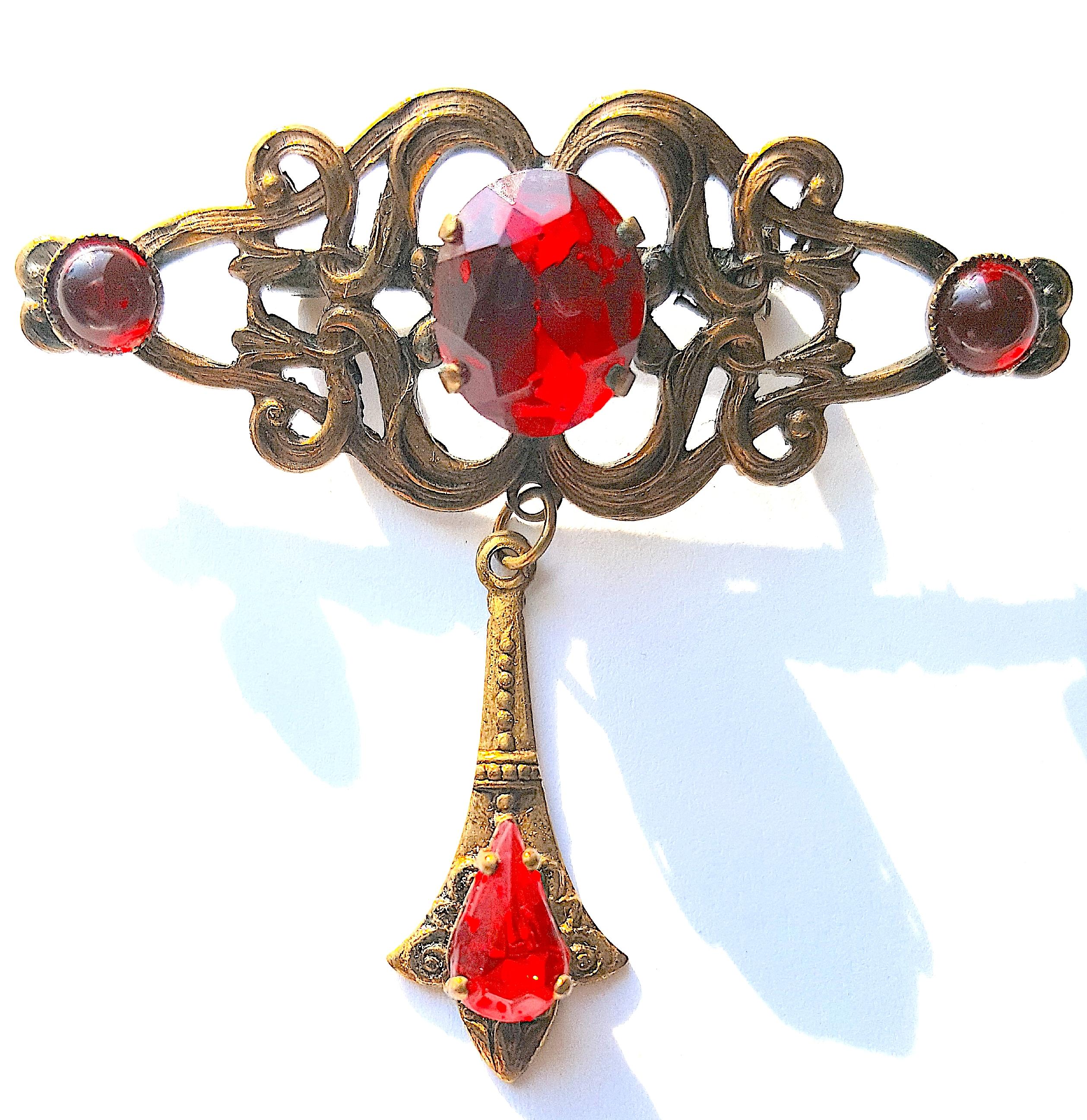 AntiqueArtNouveau 1920s RedPouredGlass Czech Neiger BrassFiligree Dangle Brooch In Good Condition For Sale In Chicago, IL