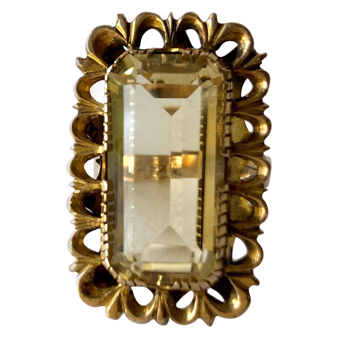 Antiqued 14 Karat Gold Faceted Citrine Cocktail Ring For Sale
