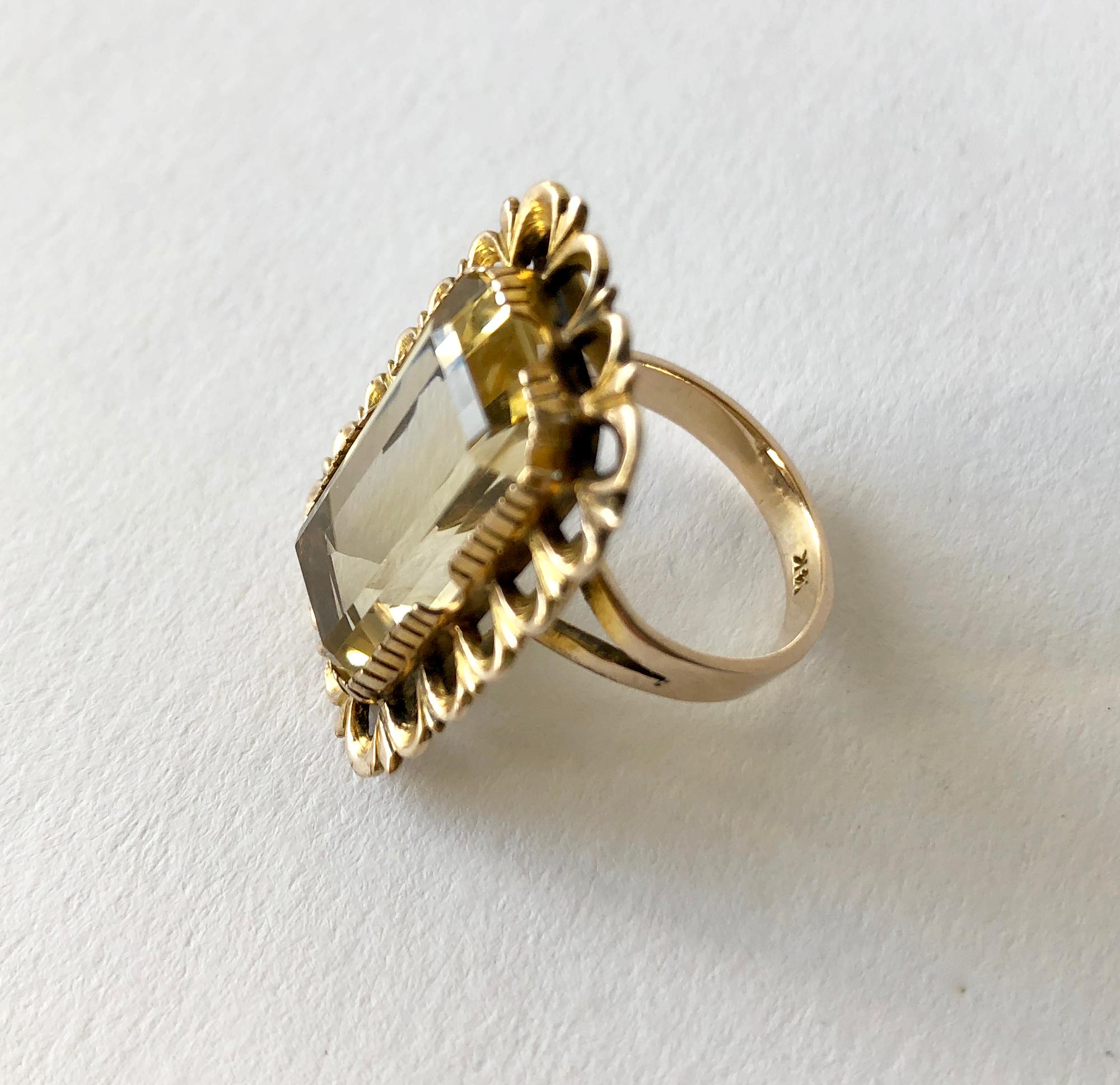 Modernist Antiqued 14 Karat Gold Faceted Citrine Cocktail Ring For Sale