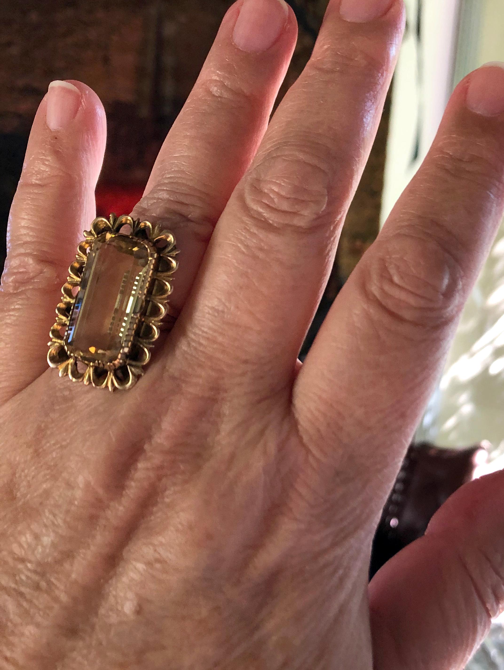 Women's Antiqued 14 Karat Gold Faceted Citrine Cocktail Ring For Sale