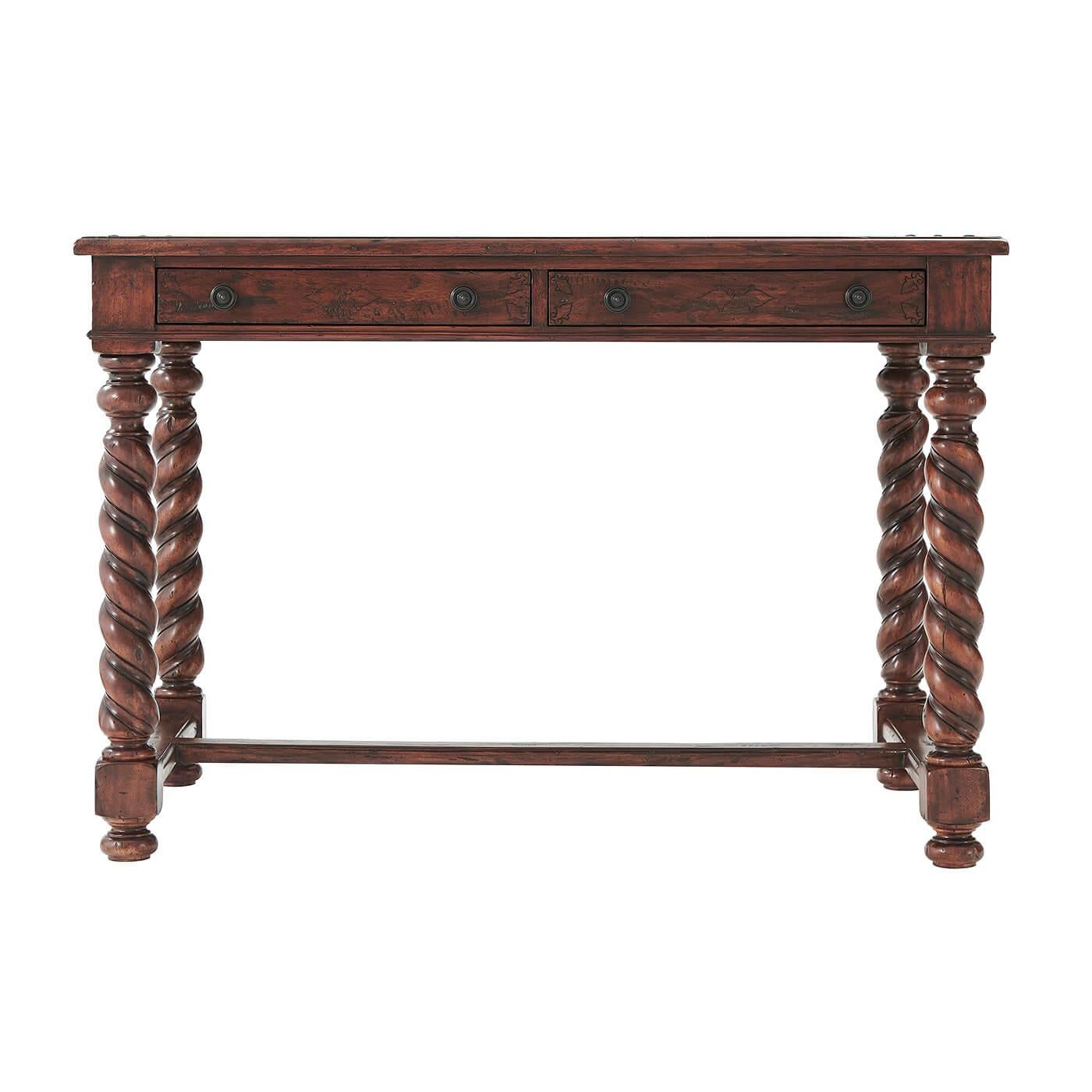 An antiqued wood writing desk, with two frieze drawers, on barley twist turned legs joined by stretchers. The original 17th century.

Dimensions: 44