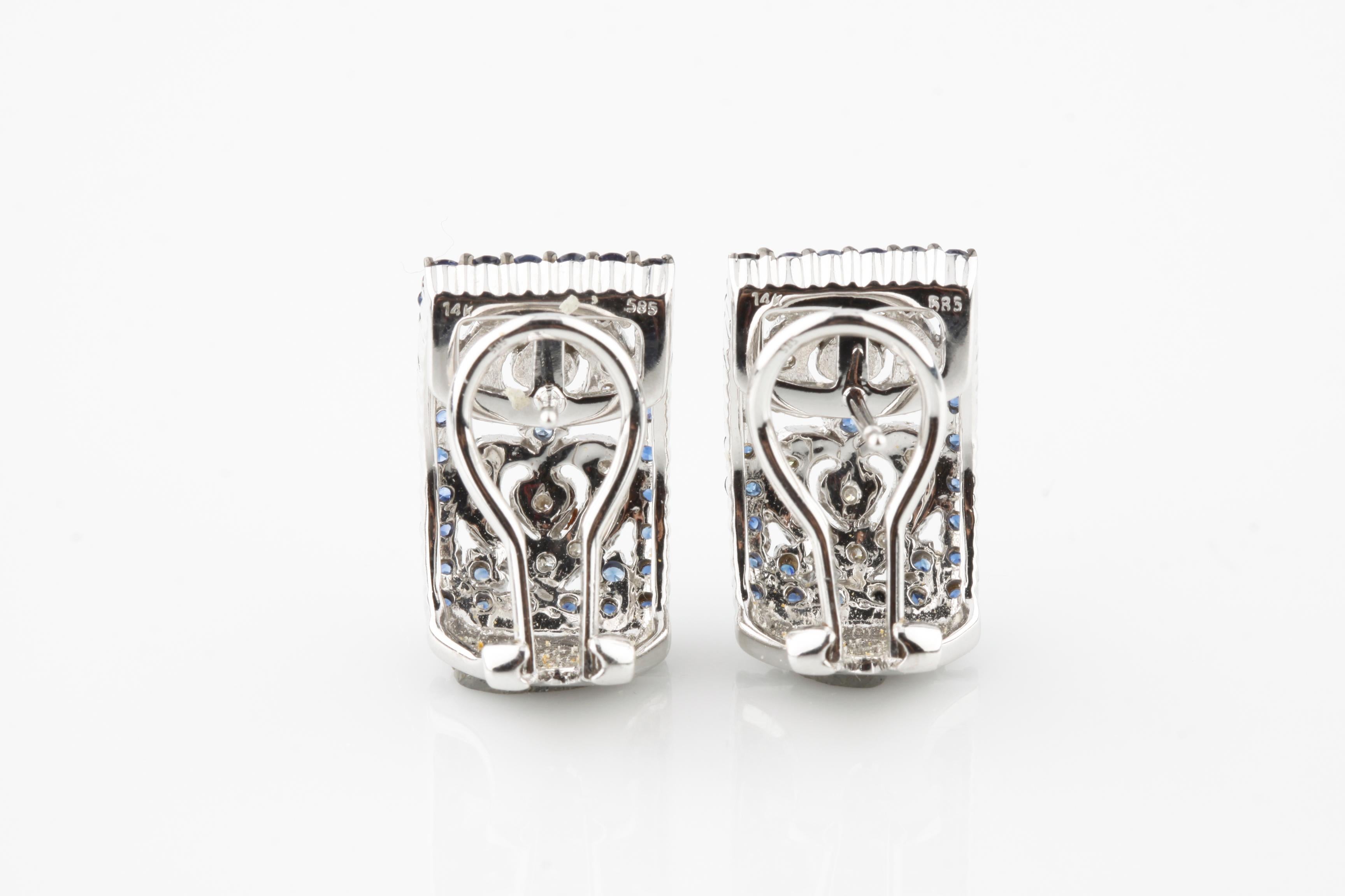 Modern Antiqued 2.50 Carat Diamond and Sapphire Plaque Earrings in White Gold For Sale