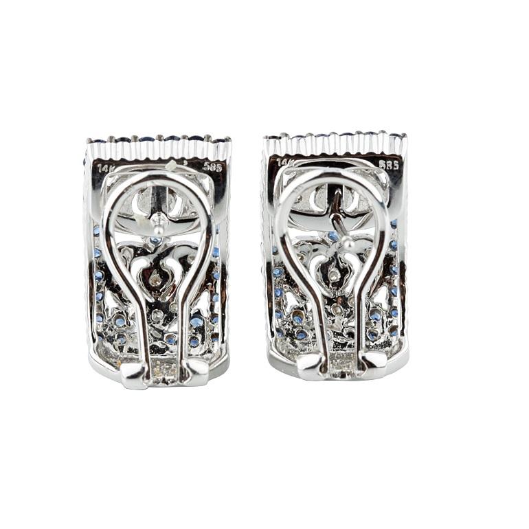 Antiqued 2.50 Carat Diamond and Sapphire Plaque Earrings in White Gold In Good Condition For Sale In Sherman Oaks, CA