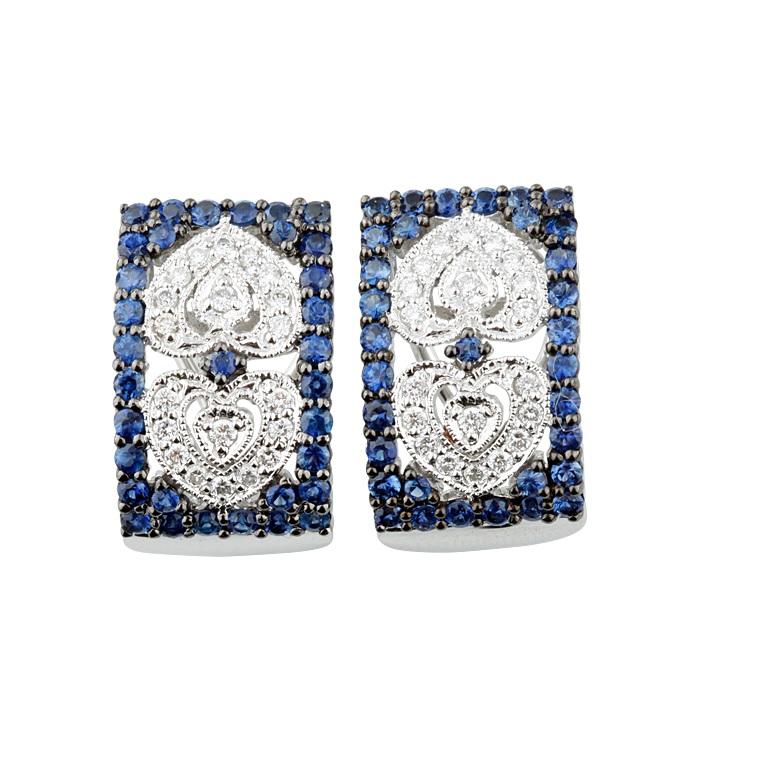 Women's Antiqued 2.50 Carat Diamond and Sapphire Plaque Earrings in White Gold For Sale